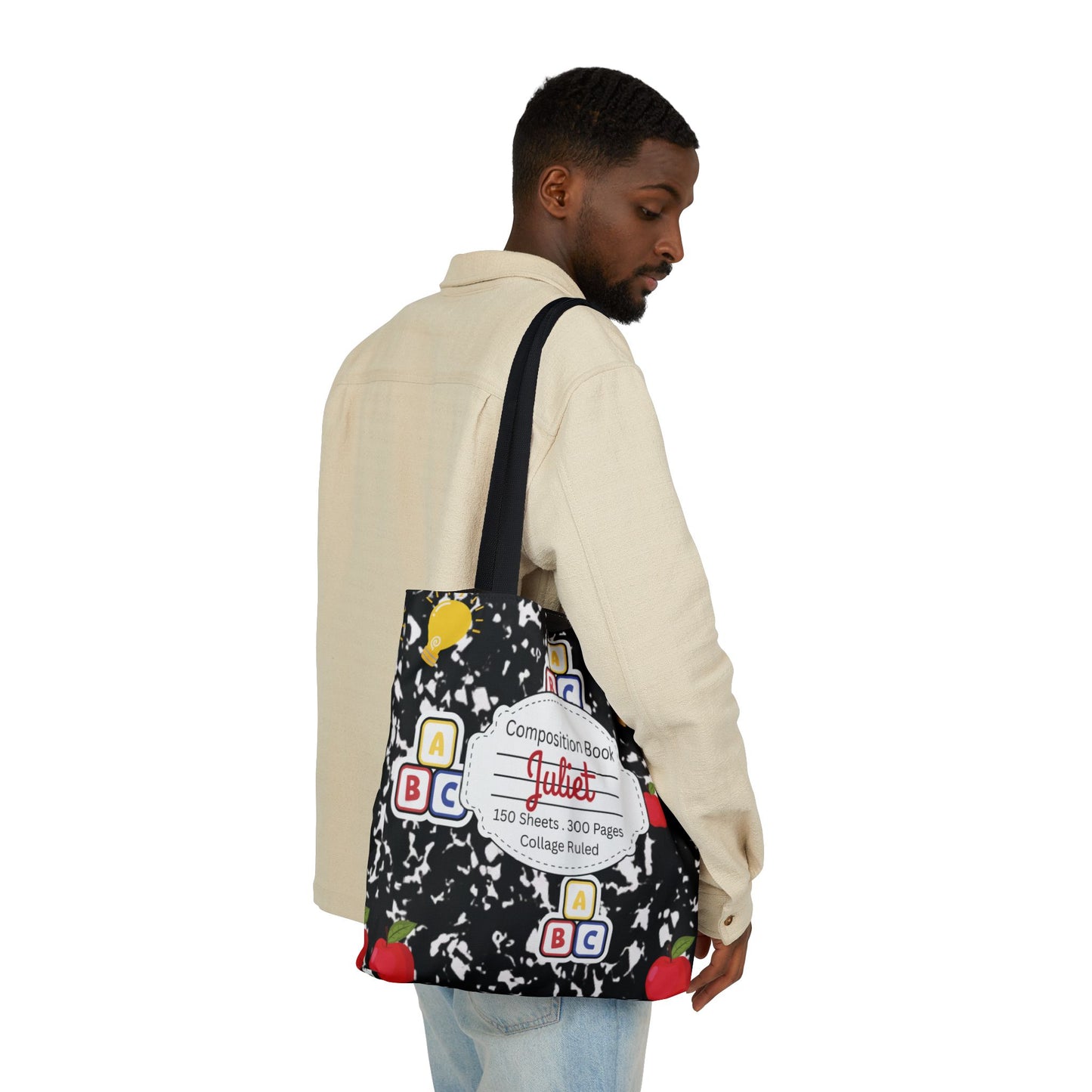 Personalized Black Composition Book Inspired Canvas Tote Bag with Colorful Straps, Cute School Bag, Eco-Friendly Tote, Back to School Shopping Bag, Teacher Gift Idea