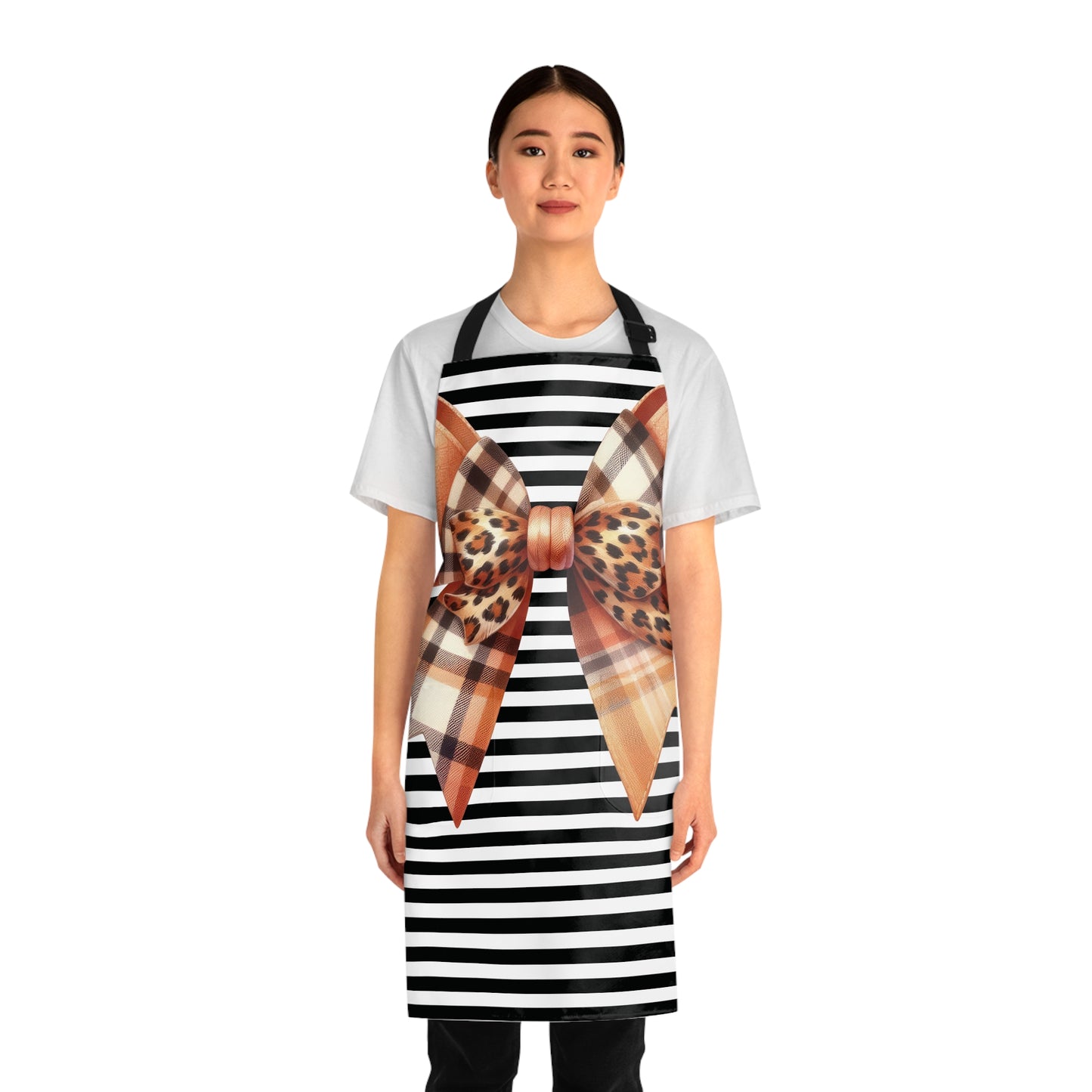 Striped Brown Bow Grilling Apron with Tie Straps (AOP).