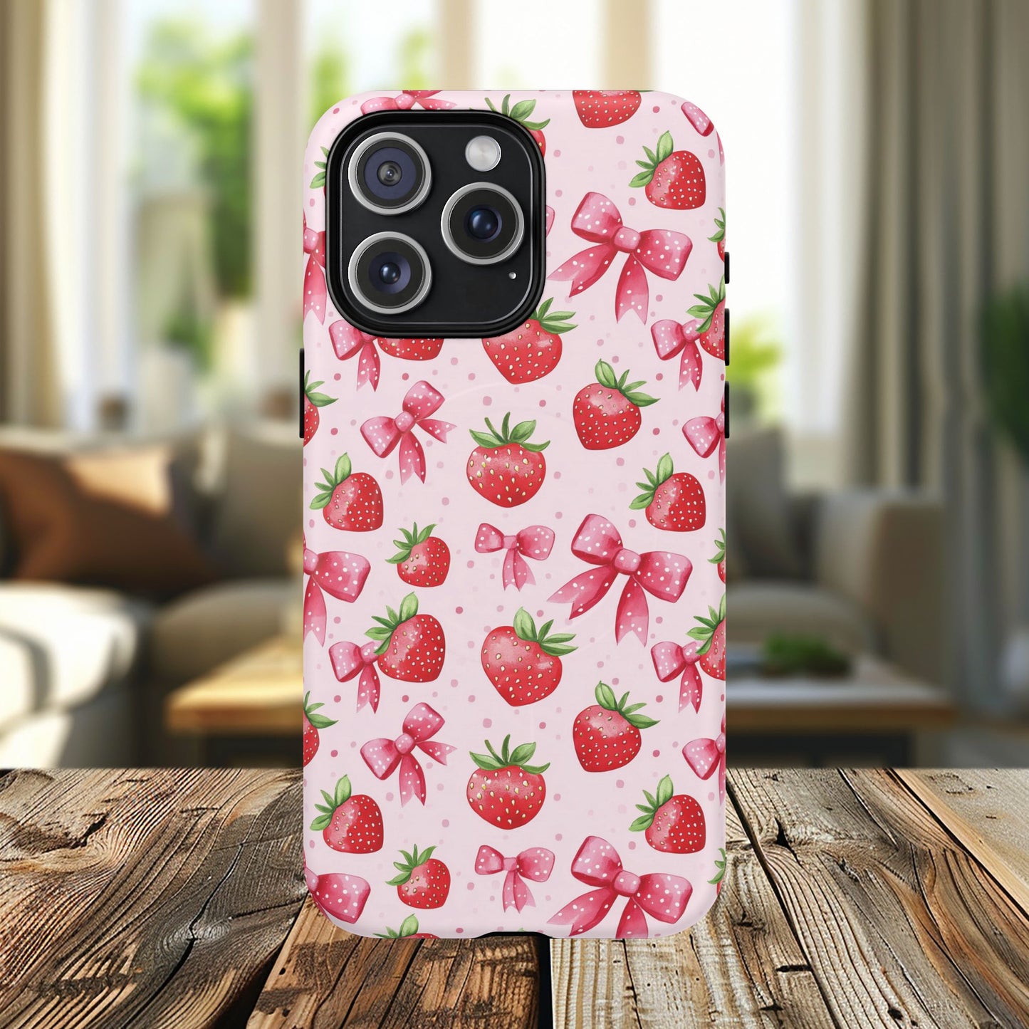 Strawberry Blush Coquette Magnetic Tough iPhone Cases - Funky Fruit Cases, Floral iPhone Cover, Trendy Gifts, iPhone Accessories, Strawberry Lover