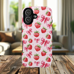 Strawberry Blush Coquette Magnetic Tough iPhone Cases - Funky Fruit Cases, Floral iPhone Cover, Trendy Gifts, iPhone Accessories, Strawberry Lover