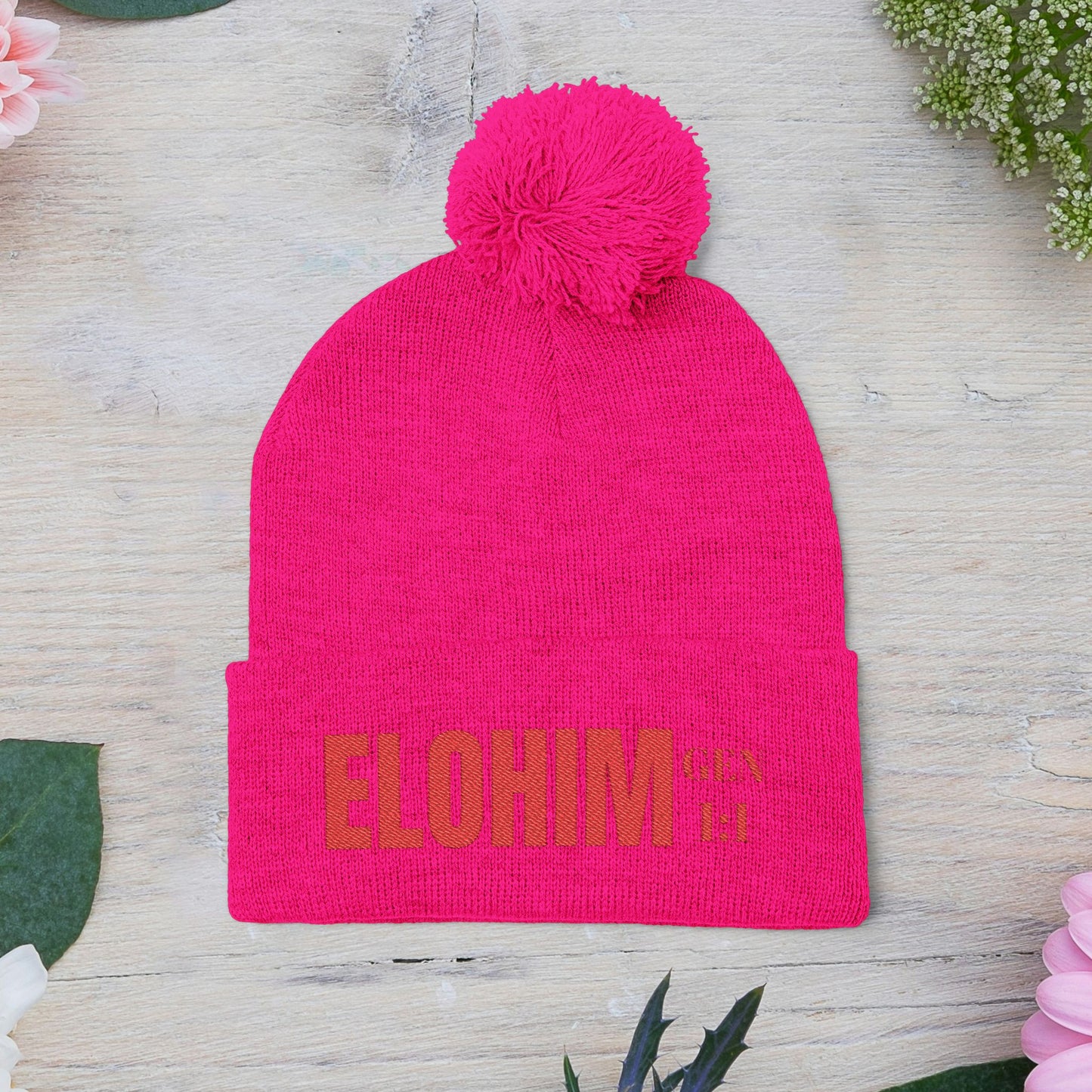 Red Pom-Pom Knit Cap with 'ELOHIM, GENESIS 1:1'  Embroidery Beanie - Stylish Winter Accessory for All Ages, Perfect Gift for Birthdays, Holidays, and Outdoor Activities