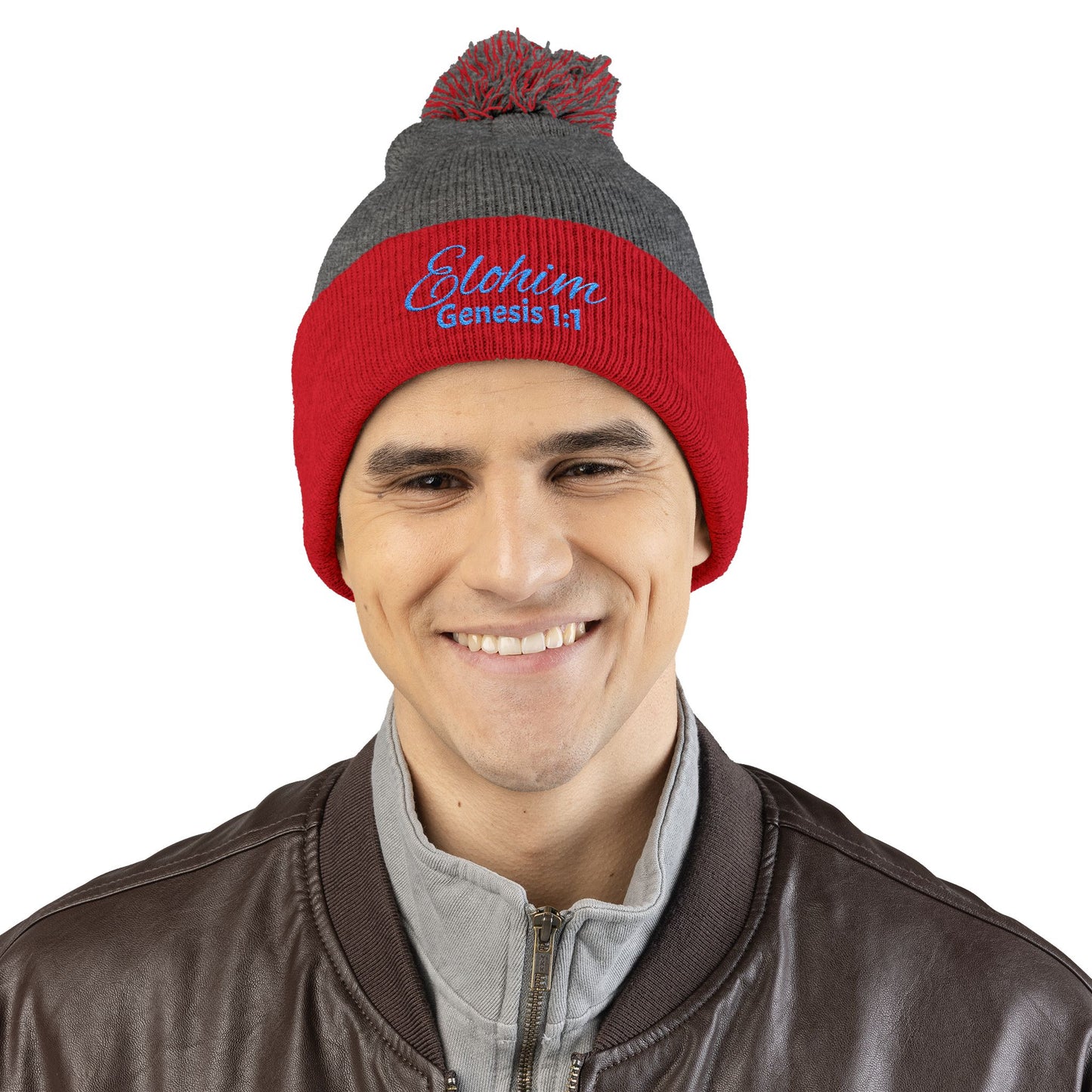 Pom-Pom Knit Cap with 'ELOHIM, GENESIS 1:1'  Embroidery Beanie - Stylish Winter Accessory for All Ages, Perfect Gift for Birthdays, Holidays, and Outdoor Activities