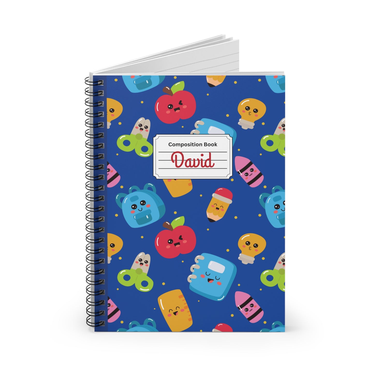 Personalized Blue Kawaii Composition Book Inspired Playful Spiral Notebook - Perfect for School, Journaling, Kids, Teachers, Back to School Gifts