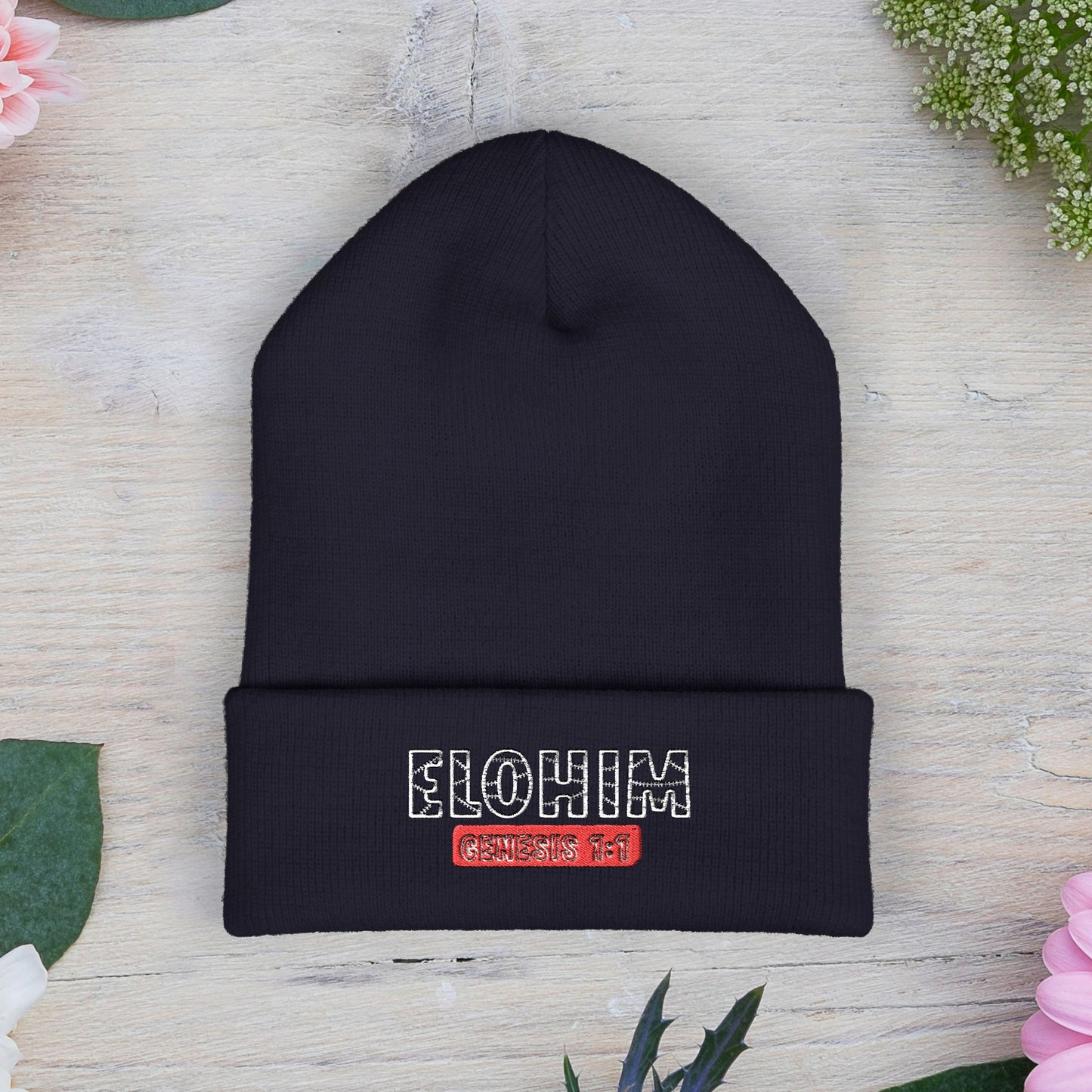 Embroidered 'ELOHIM, GENESIS 1:1' Classic Cuffed Beanie - Cozy Winter Hat, Streetwear Accessory, Personalized Gifts, Religious Apparel, Unisex Beanie