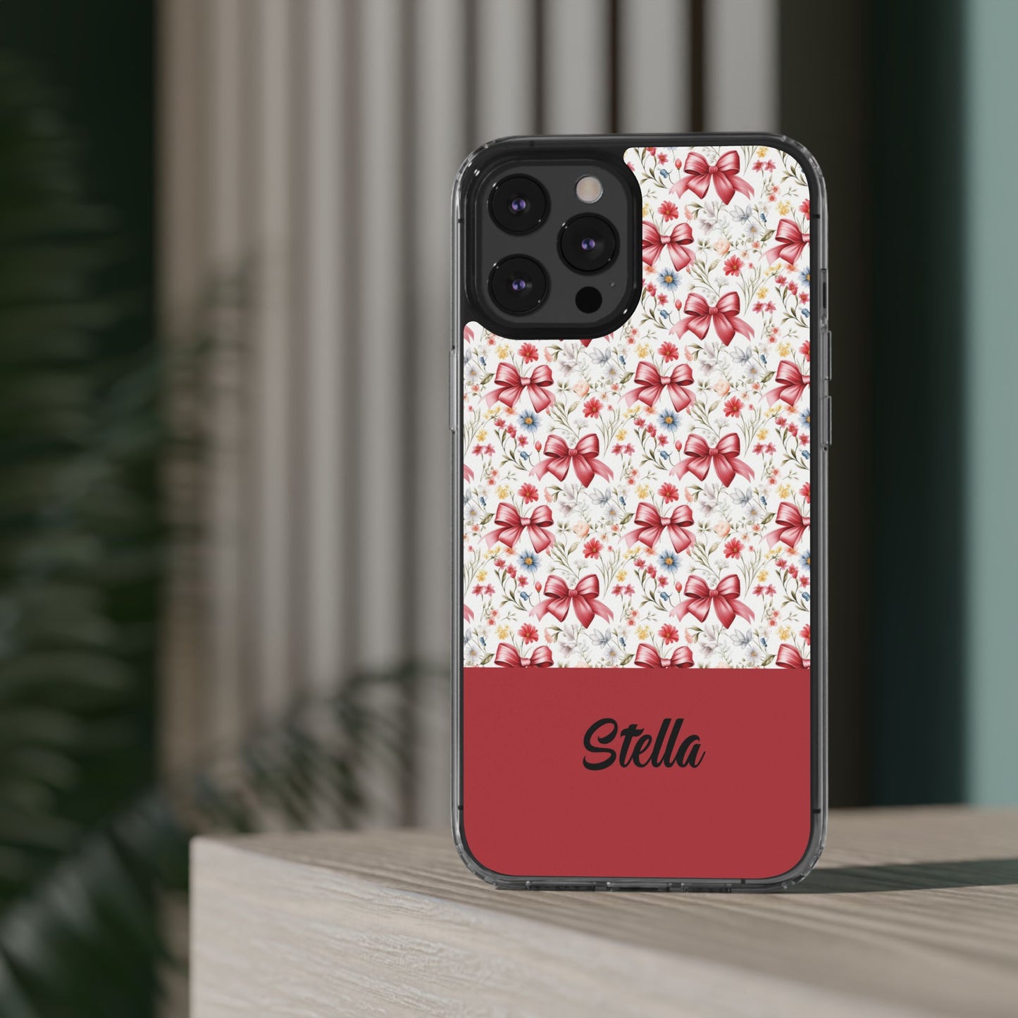 Personalized Rosette Coquette Floral Bow Clear iPhone, Samsung Cases — Custom Name Phone Cover