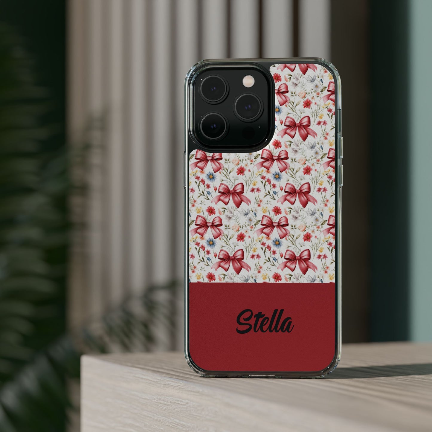 Personalized Rosette Coquette Floral Bow Clear iPhone, Samsung Cases — Custom Name Phone Cover