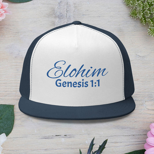 Navy 'ELOHIM, GENESIS 1:1'  Embroidered 5 Panel Trucker Cap | Casual Style Hat, Adjustable, Unisex, Perfect Gift for Outdoors, Festivals, Daily Wear