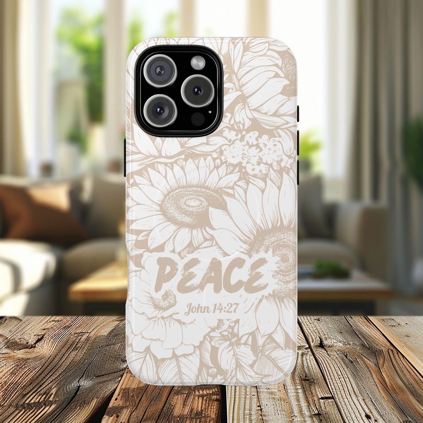 Peace I Leave with You John 14:27, Inspirational Gift, Tough iPhone Magnetic Case Scripture, Sunflower Bible Verse, MagSafe® iPhone® Tough Case, iPhone 14, iPhone 15, iPhone 16, Pro, Pro Max, Plus.