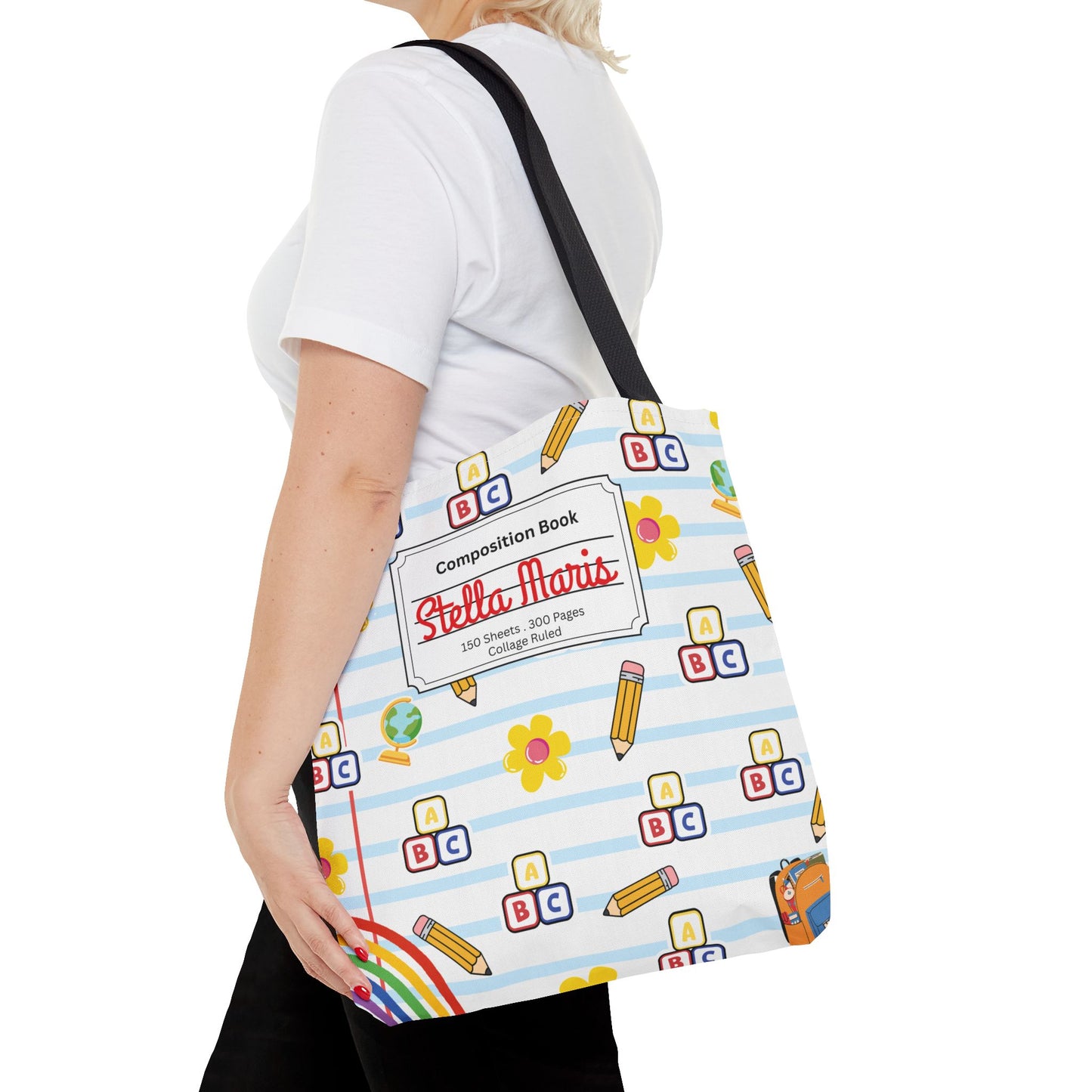 Personalized White SchoolYard Chic Composition Book Inspired Tote Bag, Back to School Tote, Teacher Gift, Kids Bag, Custom Name Bag, Educational Accessories, Back to School Tote Bag.
