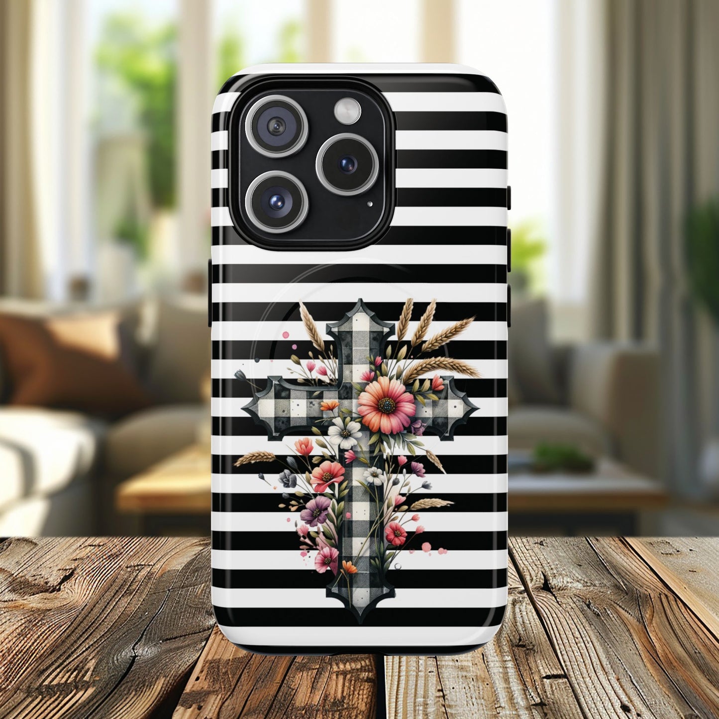 Grace in Bloom Tough Magnetic iPhone Case with Floral Cross Design, Boho iPhone Cover, Striped iPhone Case, Unique Religious Gift, Trendy Cell iPhone Accessory.