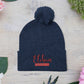 Red Pom-Pom Knit Cap with 'ELOHIM, GENESIS 1:1'  Embroidery Beanie - Stylish Winter Accessory for All Ages, Perfect Gift for Birthdays, Holidays, and Outdoor Activities