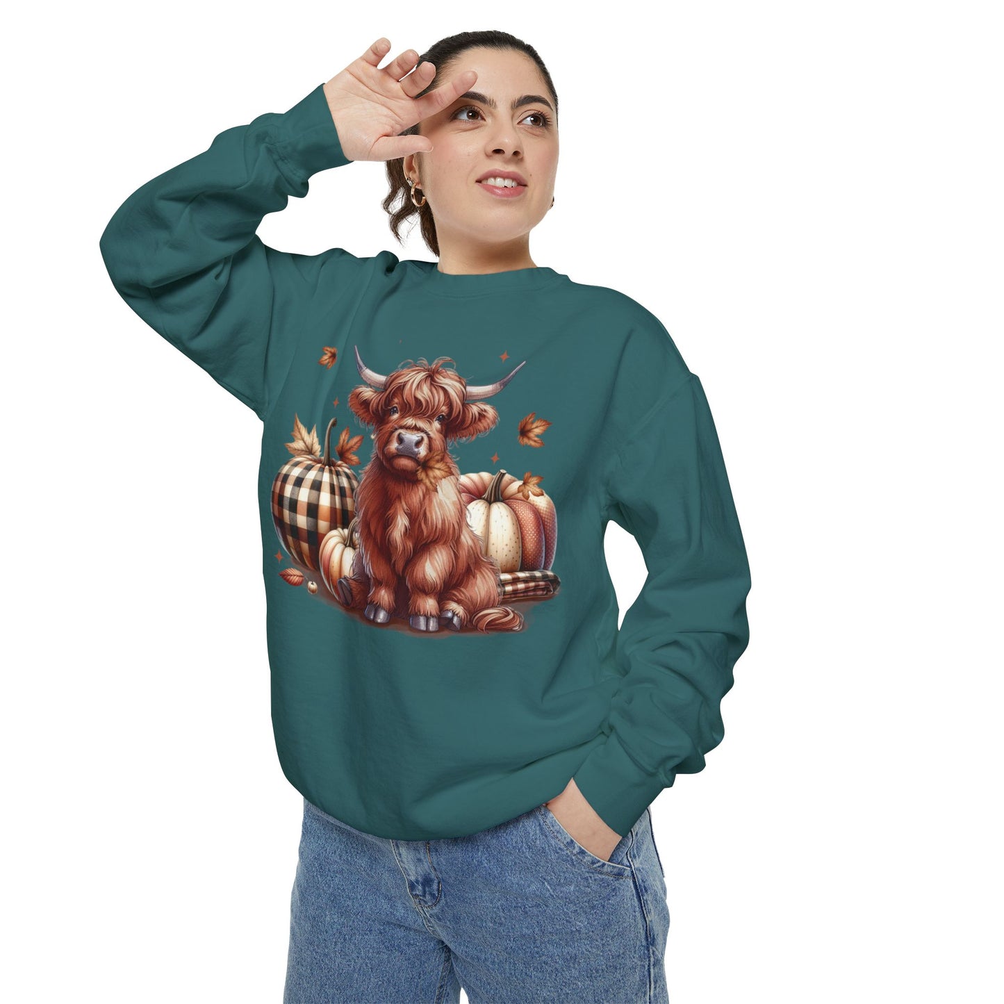 Autumn Highland Cow Charm Unisex Garment-Dyed Sweatshirt