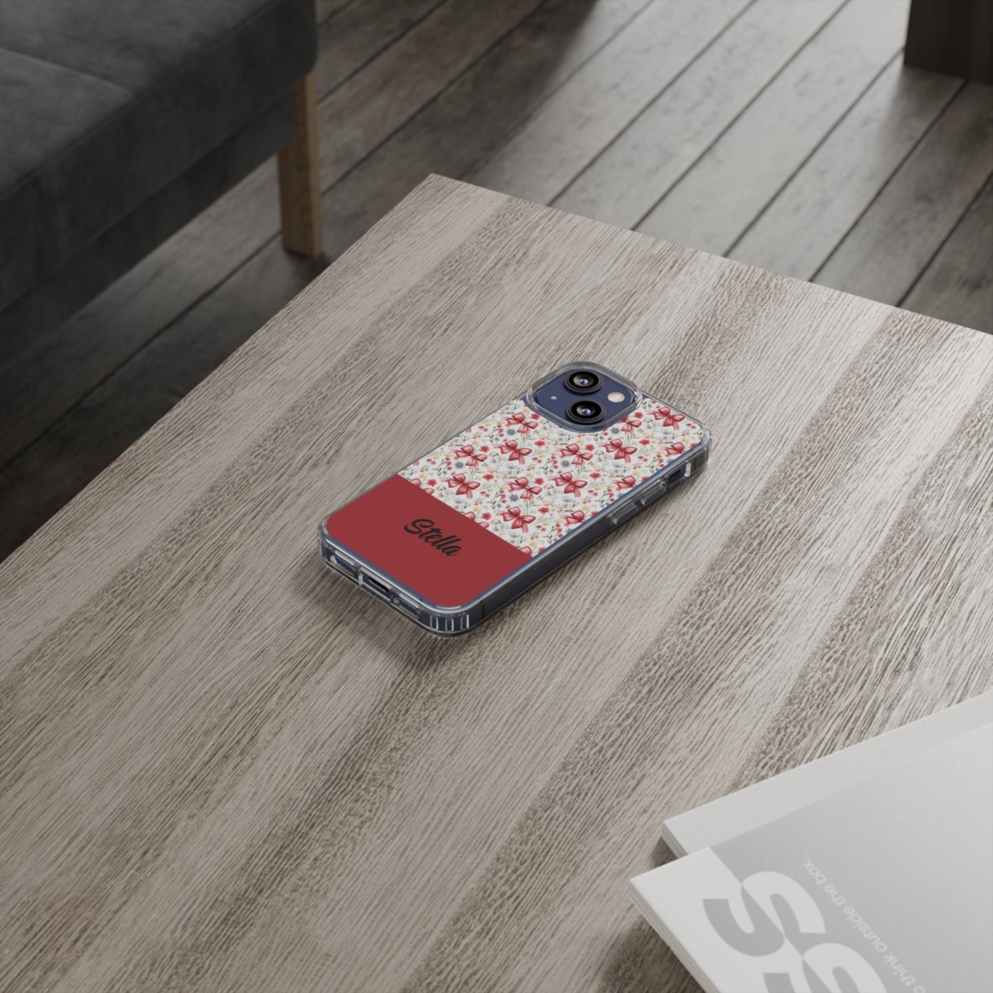 Personalized Rosette Coquette Floral Bow Clear iPhone, Samsung Cases — Custom Name Phone Cover