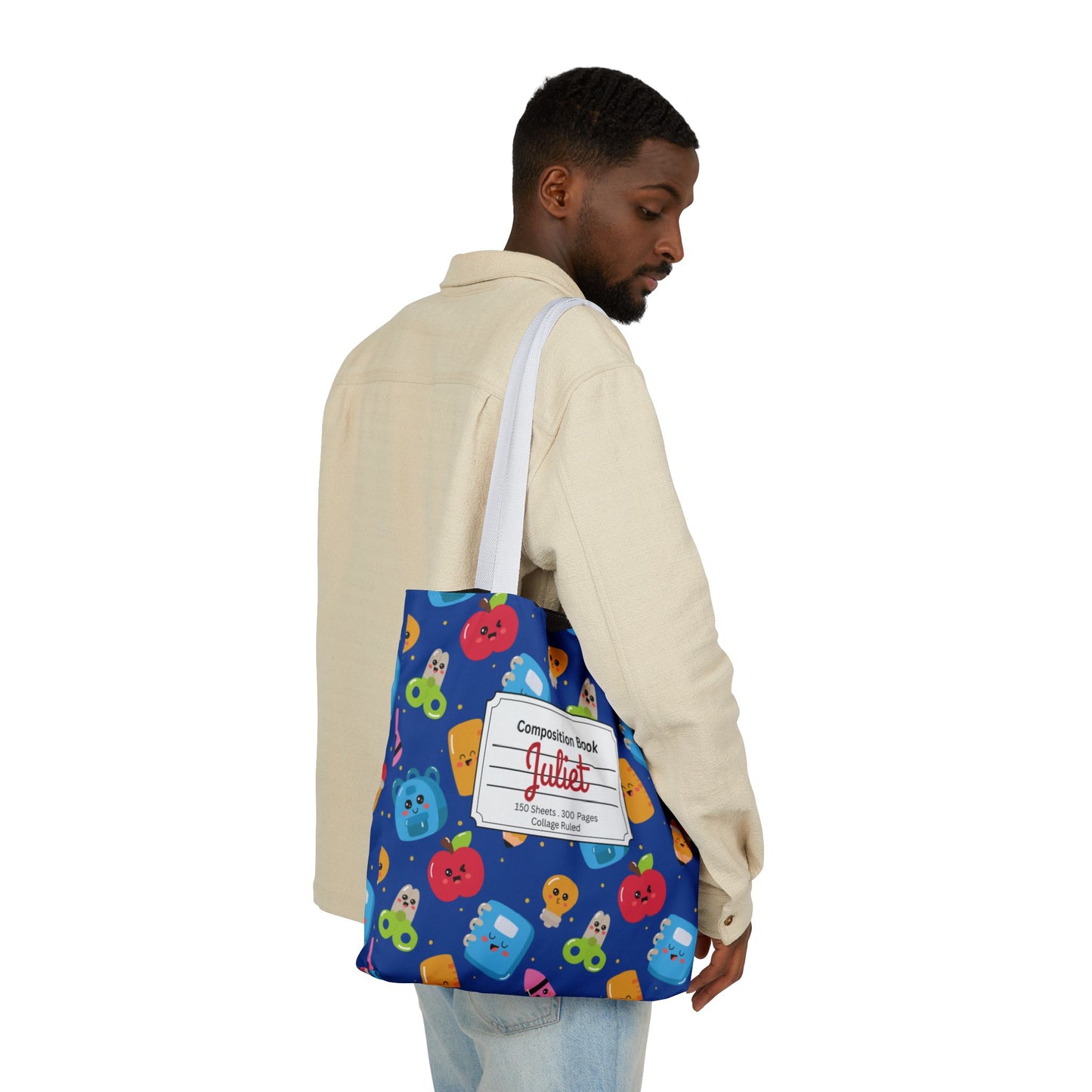 Personalized Blue Kawaii Composition Book Inspired Canvas Tote Bag with Colorful Straps, Cute School Bag, Eco-Friendly Tote, Back to School Shopping Bag, Teacher Gift Idea