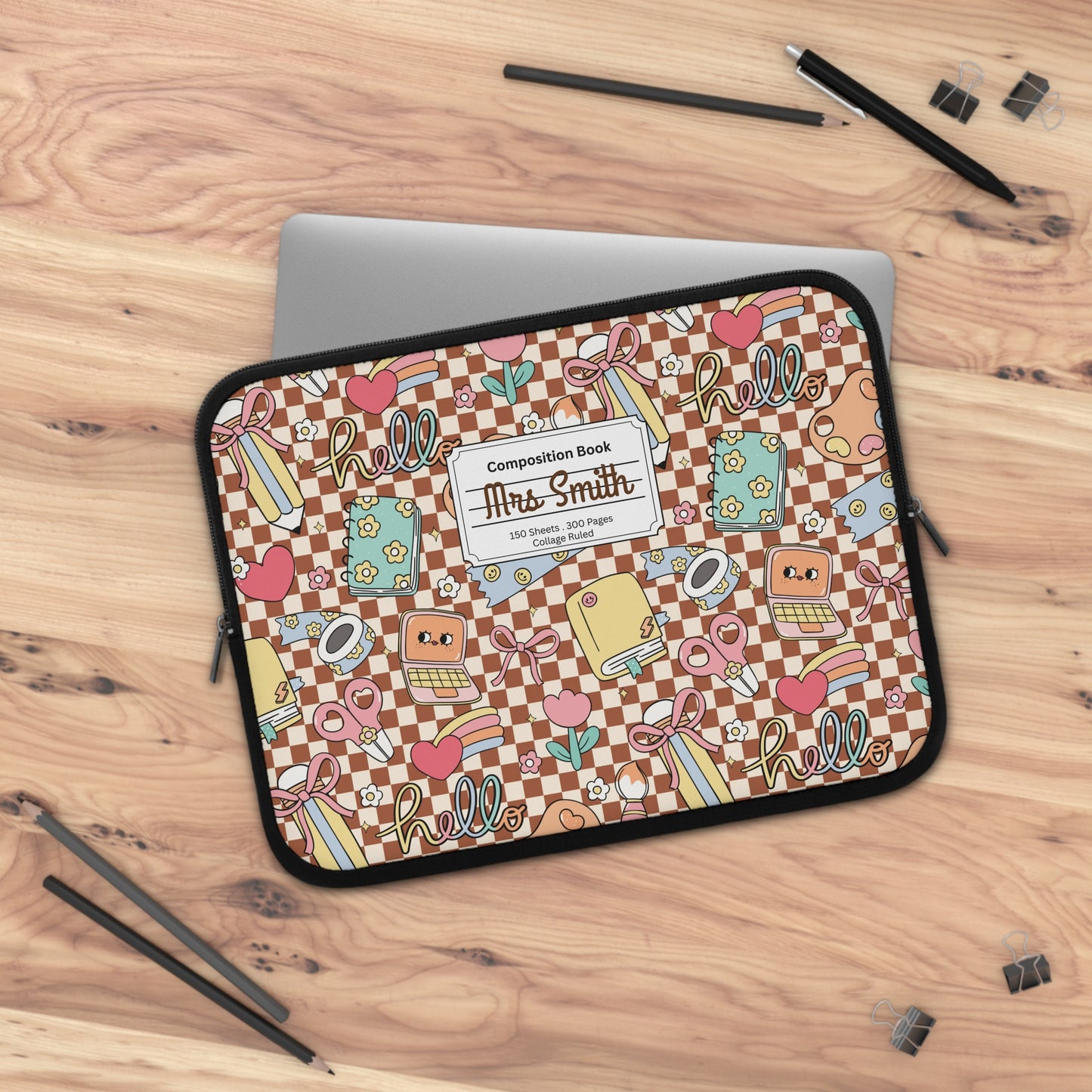 Personalized Brown Doodle Daydream Laptop Sleeve with Composition Book Inspired Design, Customizable Tech Case, School Supplies, Gift for Students, College Essentials, Back to School