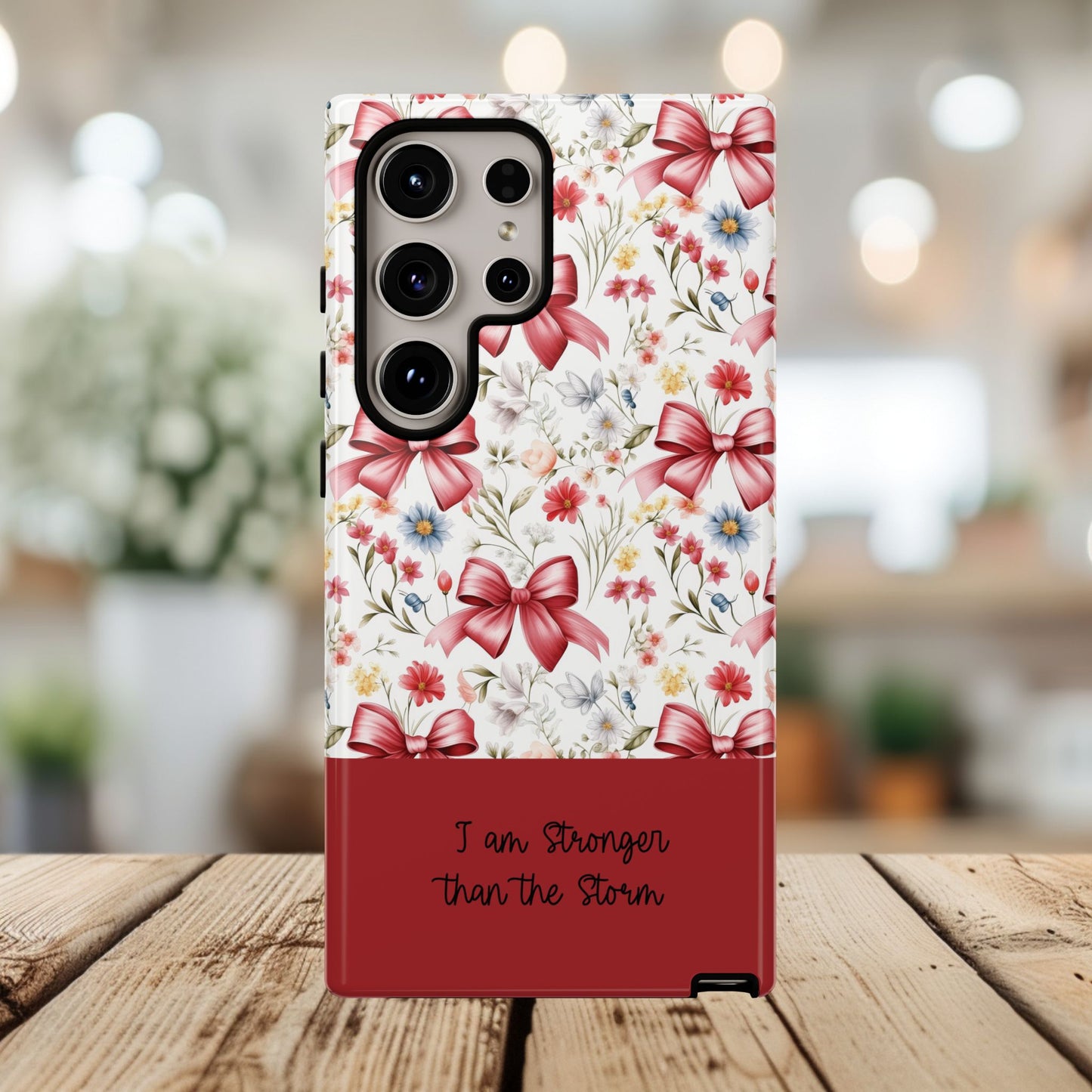 Personalized Rosette Coquette Phone Case - Custom Name/Message 'I Am Stronger Than The Storm' Floral Bow Protective Case