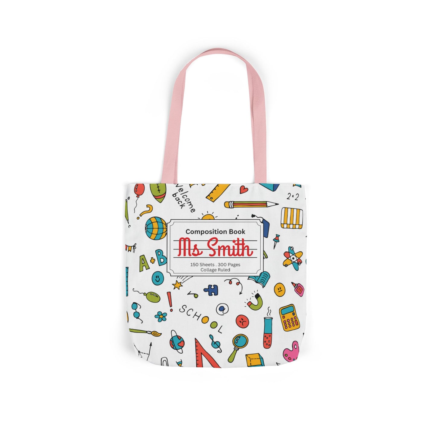 Personalized Classroom Couture Composition Book Inspired Canvas Tote Bag with Colorful Straps, Cute School Bag, Eco-Friendly Tote, Back to School Shopping Bag, Teacher Gift Idea