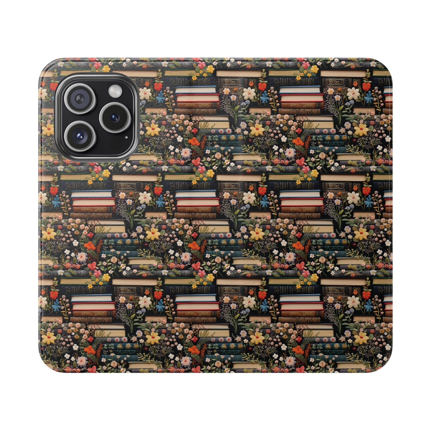 Book Stack Floral Flip iPhone and Samsung Phone Case — Vintage Library Wallet Cover.