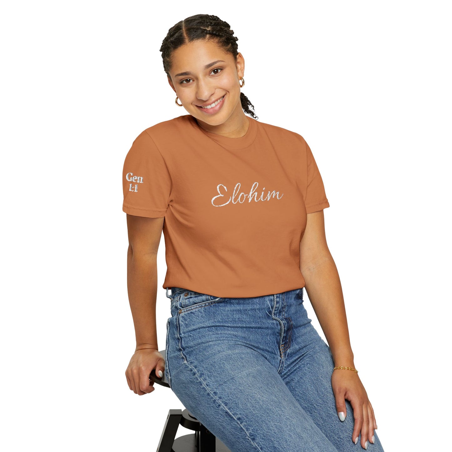 Embroidery 'ELOHIM, GENESIS 1:1' - Faith-Based Unisex Garment-Dyed Comfort Colors T-shirt, Faith Gift Tee, Religious Tee, Embroidery Tee.