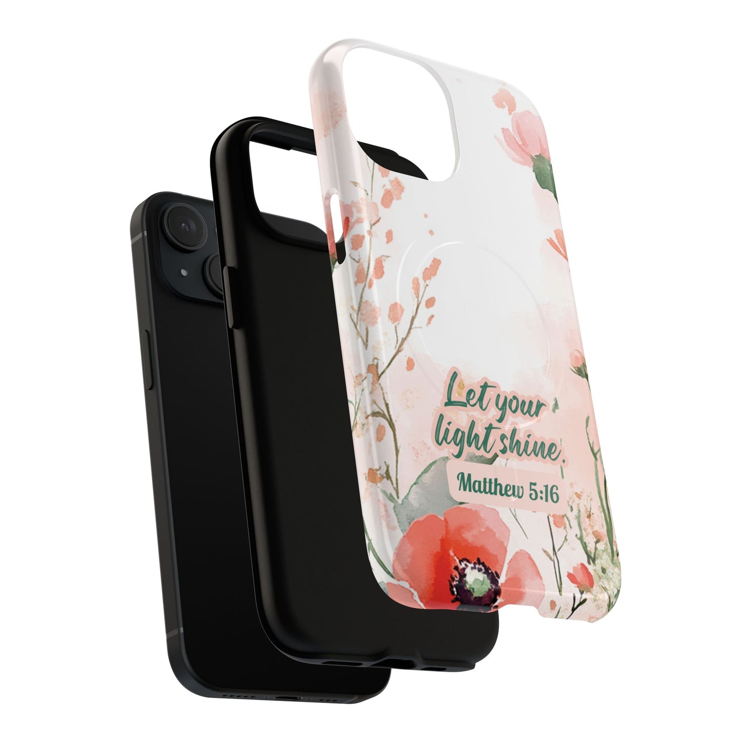 Let your Light Shine Matthew 5:16, Inspirational Gift, Tough iPhone Magnetic Case Scripture, Floral Bible Verse, MagSafe® iPhone® Tough Case, iPhone 14, iPhone 15, iPhone 16, Pro, Pro Max, Plus.