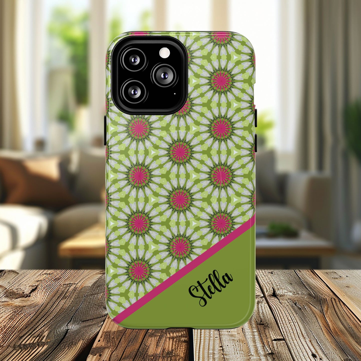 Personalized Meadow Mandala Bloom Vibrant Flower  — Green & Pink Geometric Daisy Design