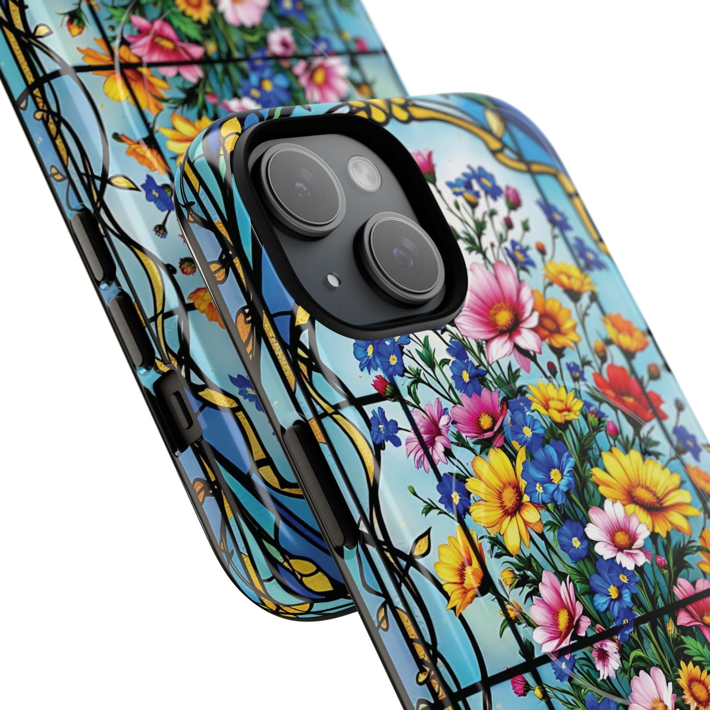 Floral Stained Glass Tough Magnetic Case, Durable Phone Cover, Gift for Nature Lovers, Unique Floral Design, Phone Accessories for All Occasions.