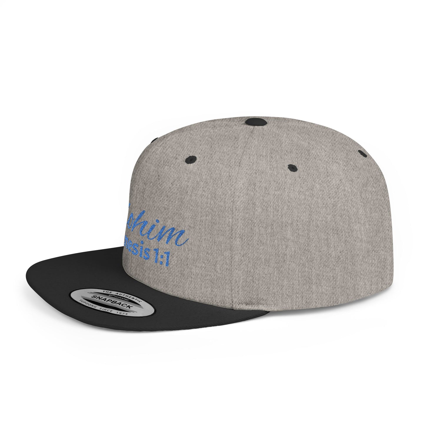 Blue Embroidery 'ELOHIM, GENESIS 1:1' Flat Bill Snapback Hat, Stylish Cap for Everyday Wear, Church Events, Gift for Him/Her, Streetwear Accessory, Casual Fashion