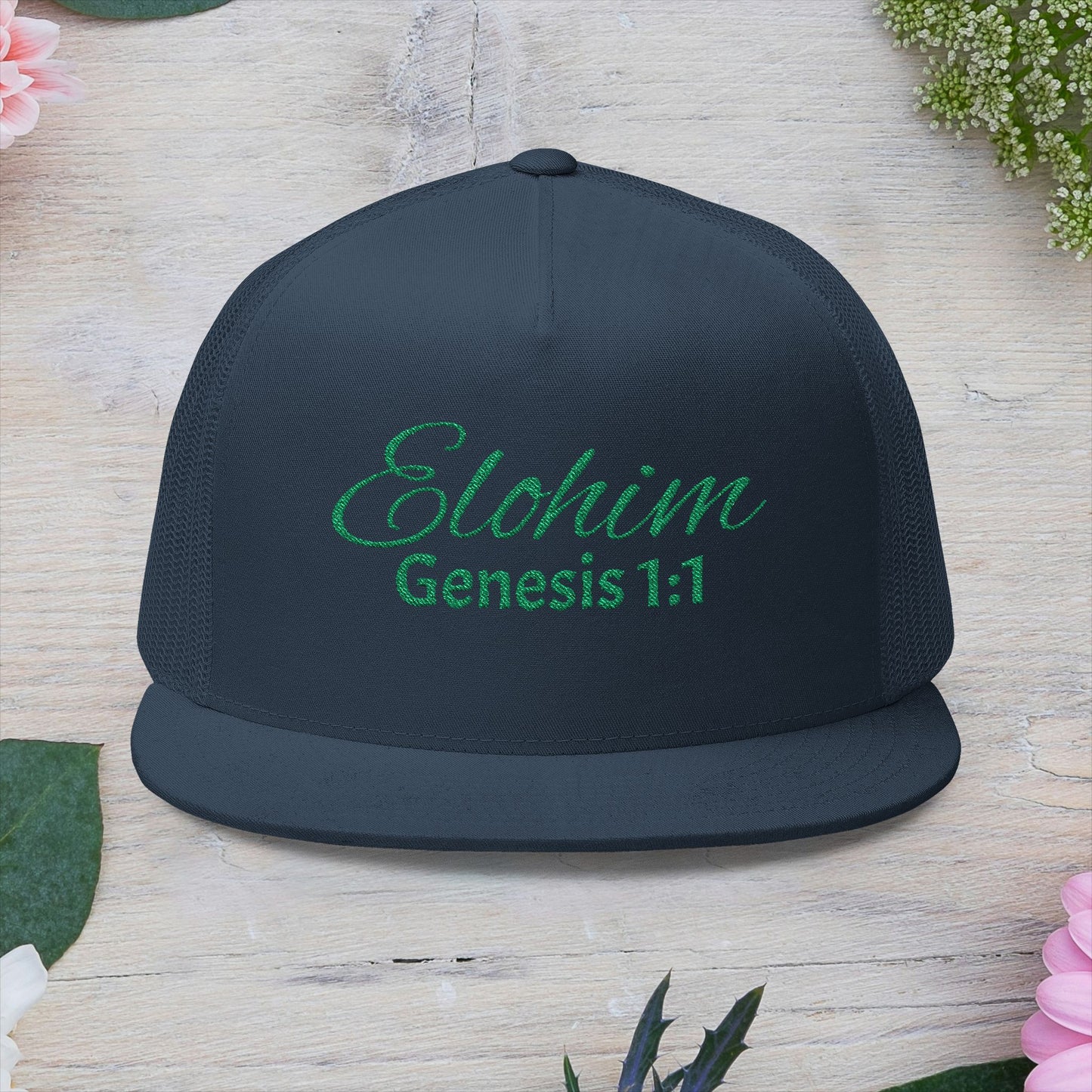 Green 'ELOHIM, GENESIS 1:1'  Embroidered 5 Panel Trucker Cap | Casual Style Hat, Adjustable, Unisex, Perfect Gift for Outdoors, Festivals, Daily Wear