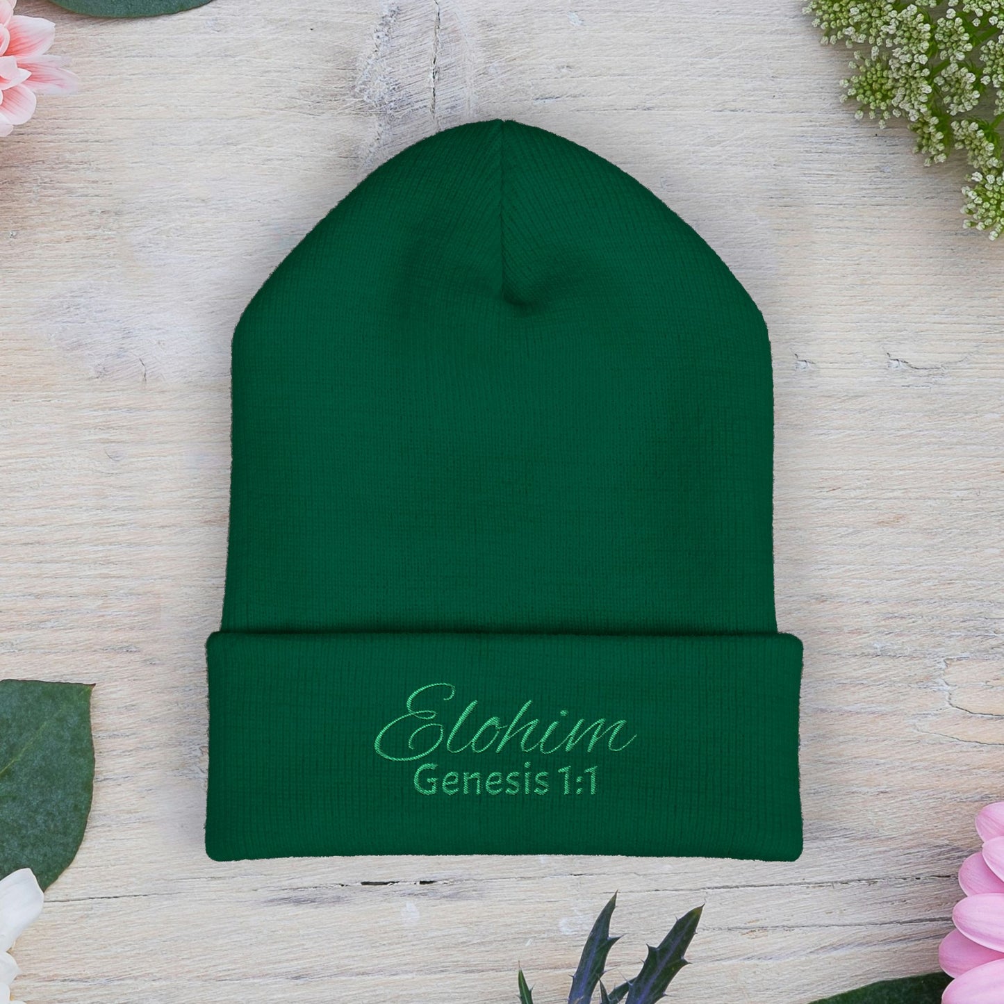 Green Embroidered 'ELOHIM, GENESIS 1:1' Classic Cuffed Beanie - Cozy Winter Hat, Streetwear Accessory, Personalized Gifts, Religious Apparel, Unisex Beanie