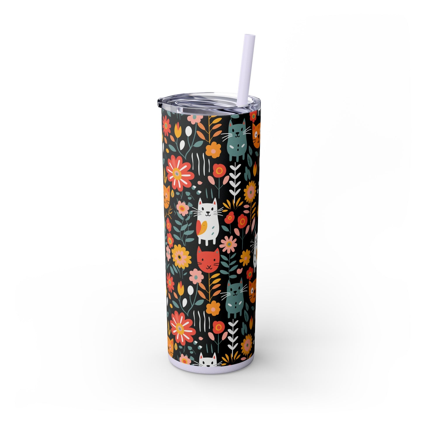 Whimsical Feline Garden Skinny Tumbler with Straw, 20oz