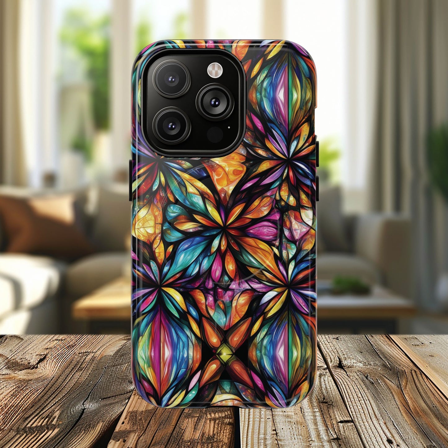 Luminous Whirl Tough Magnetic iPhone Cases, Vibrant Protection, Unique Floral Print, Durable Cover, Gift for Tech Lovers, iPhone Accessory, Stained Glass iPhone Design.