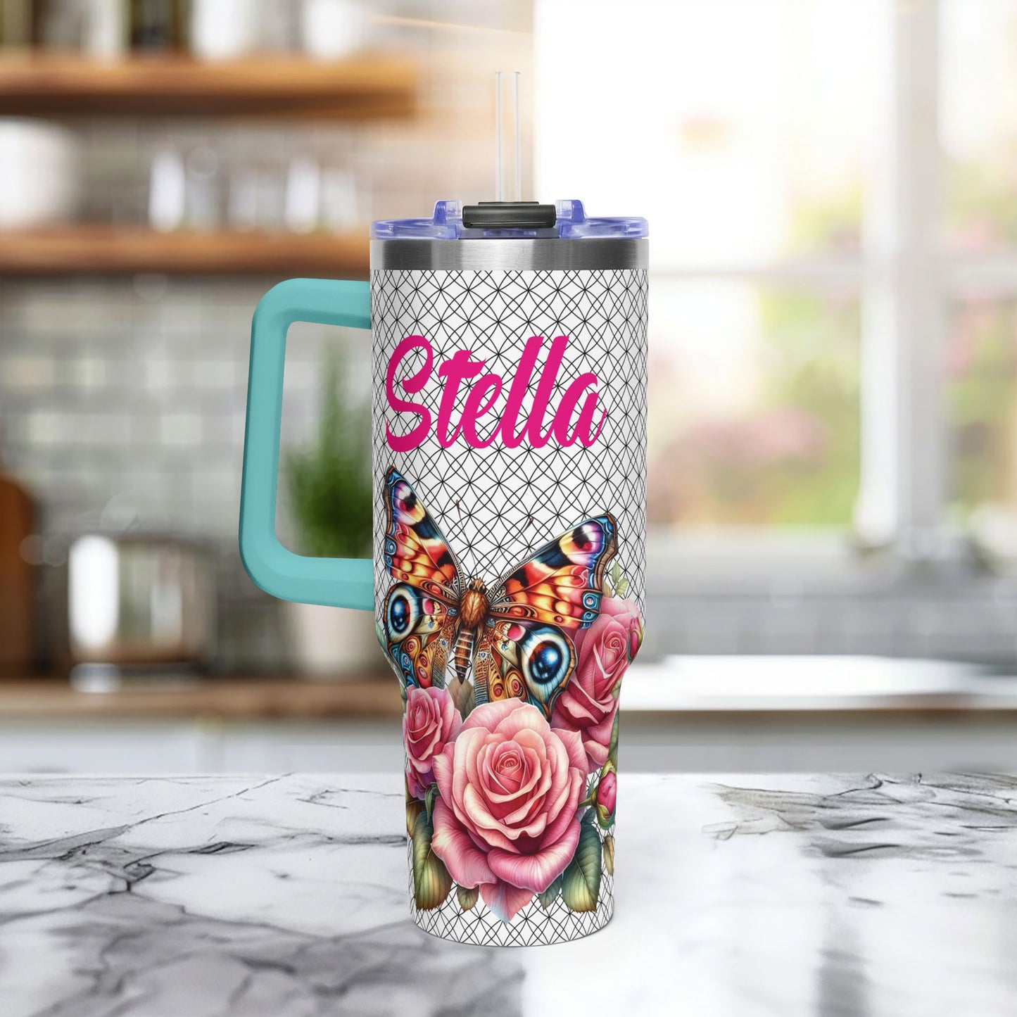 40oz Floral Butterfly Tumbler — Personalized "Name and Affirmation" Vacuum Insulated Cup
