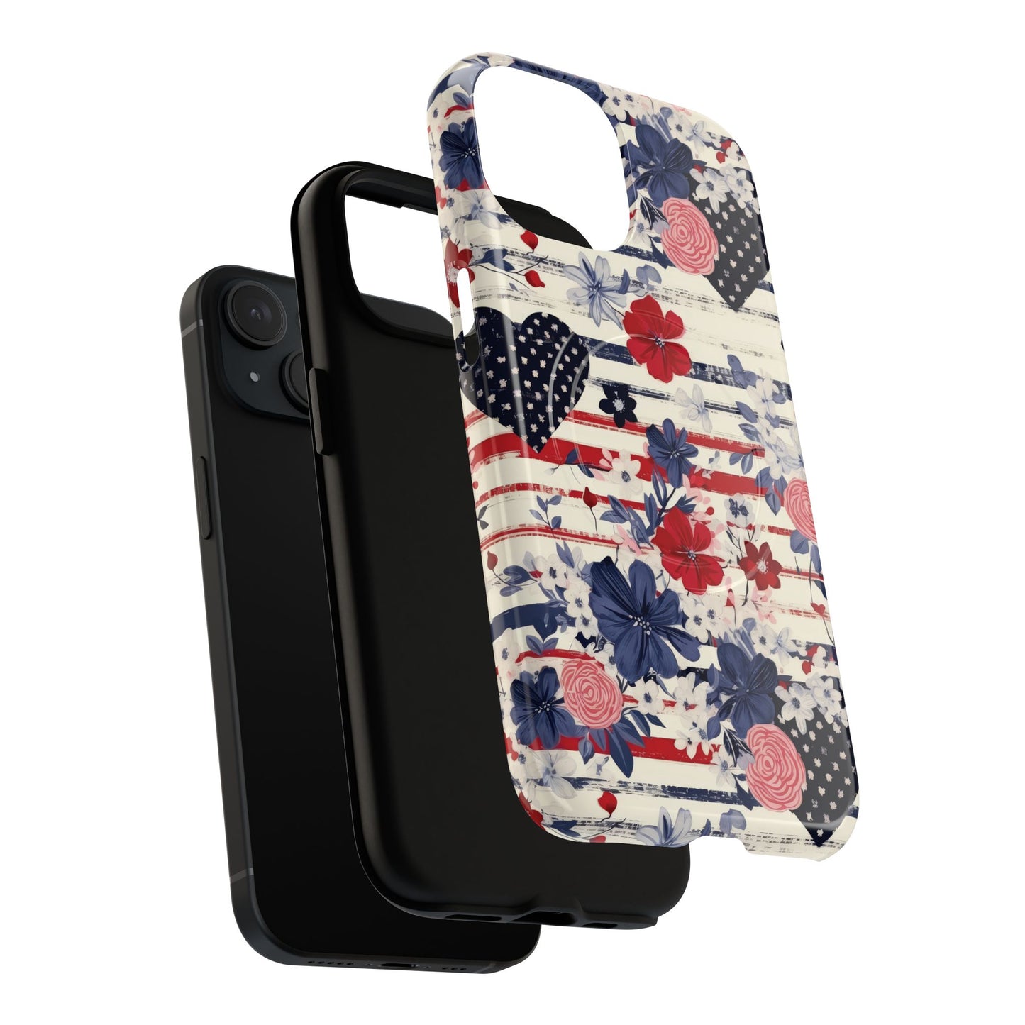 Patriotic Floral Phone Case, Tough Magnetic Cases, American Flag Design, Gift for Her, Independence Day Accessories