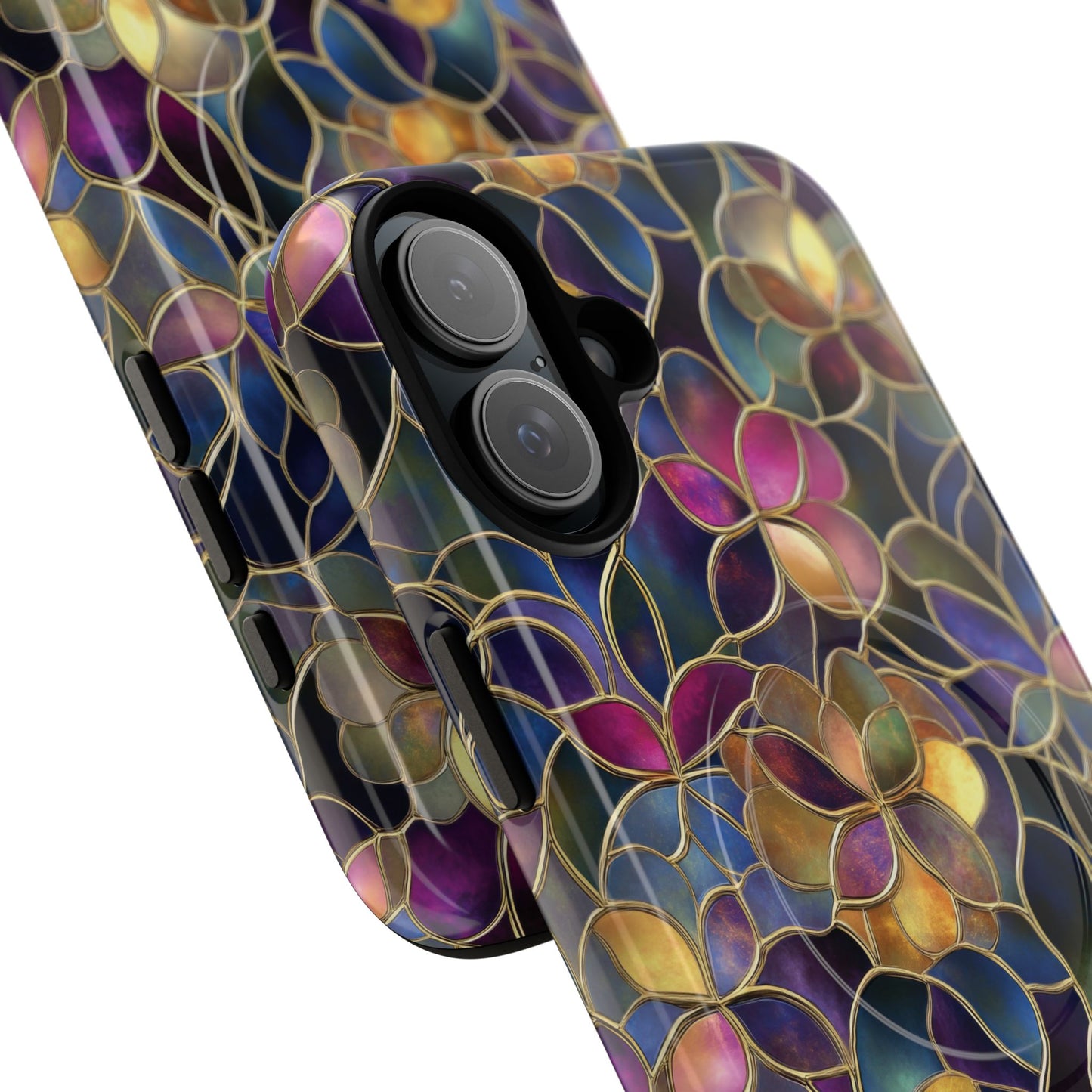 Chromatic Bloom Tough iPhone Magnetic Case, Tough iPhone Cover, Floral iPhone Accessory, Birthday Gift, Elegant Tech Decor, MagSafe Stained Glass Pattern.