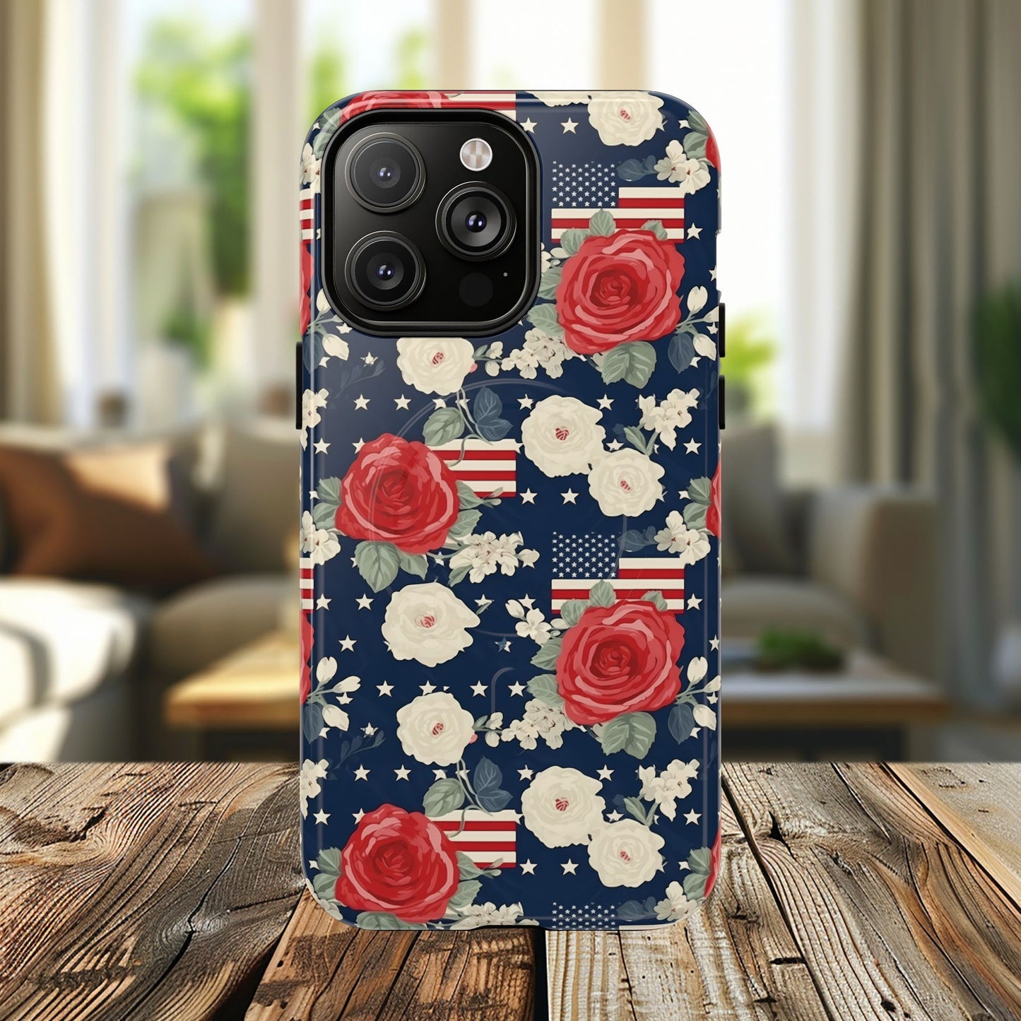 Liberty in Bloom Tough iPhone Magnetic Case, Floral Design, Gift for Moms, Gift for Dads,  iPhone Accessories, Patriotic iPhone Accessory.
