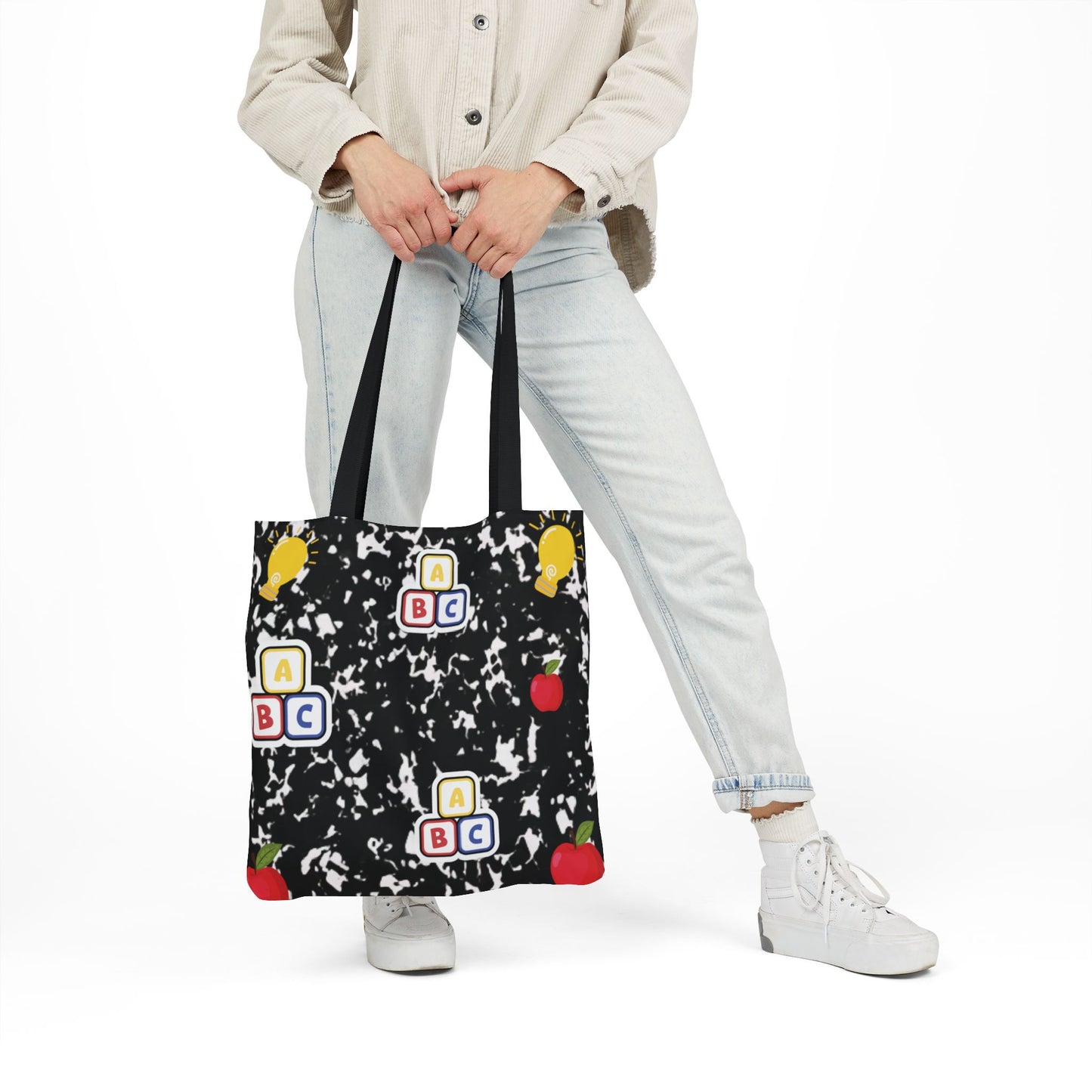 Personalized Black Composition Book Inspired Canvas Tote Bag with Colorful Straps, Cute School Bag, Eco-Friendly Tote, Back to School Shopping Bag, Teacher Gift Idea