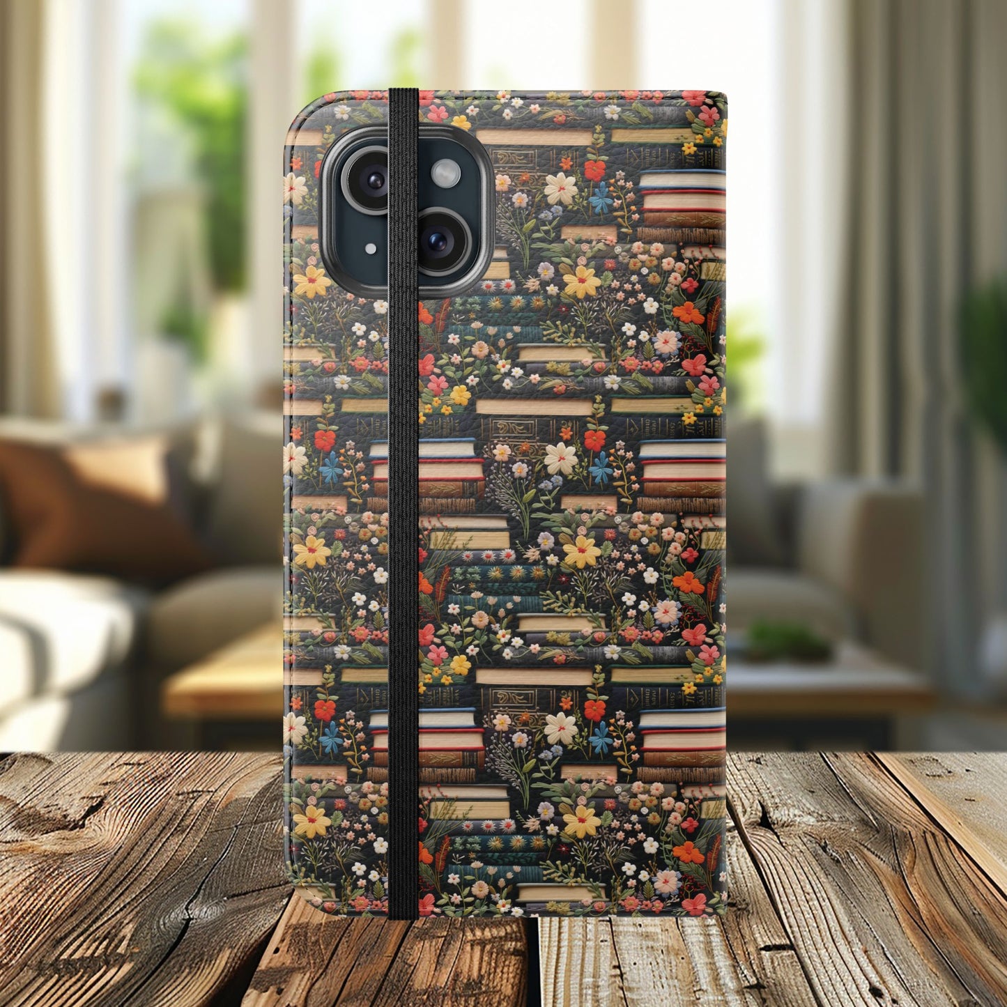Book Stack Floral Flip iPhone and Samsung Phone Case — Vintage Library Wallet Cover.