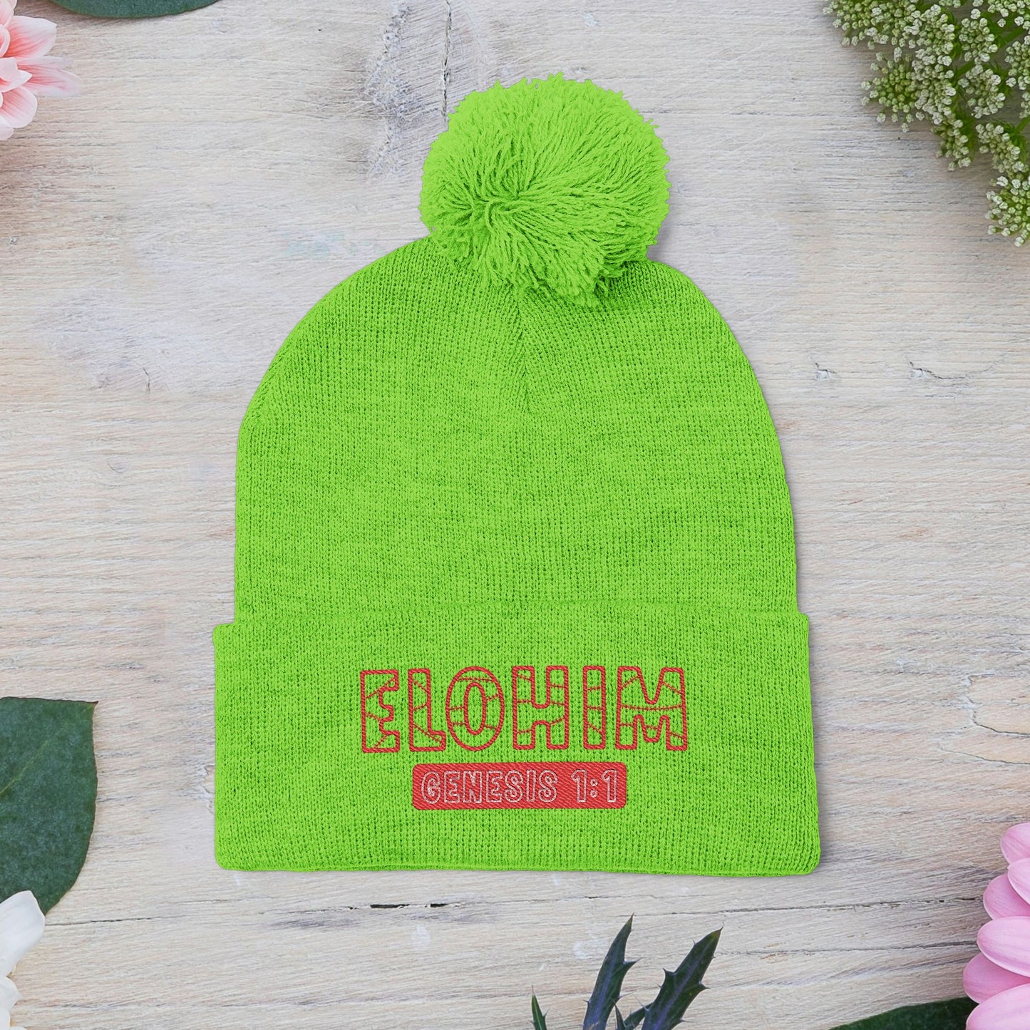 Red Pom-Pom Knit Cap with 'ELOHIM, GENESIS 1:1'  Embroidery Beanie - Stylish Winter Accessory for All Ages, Perfect Gift for Birthdays, Holidays, and Outdoor Activities