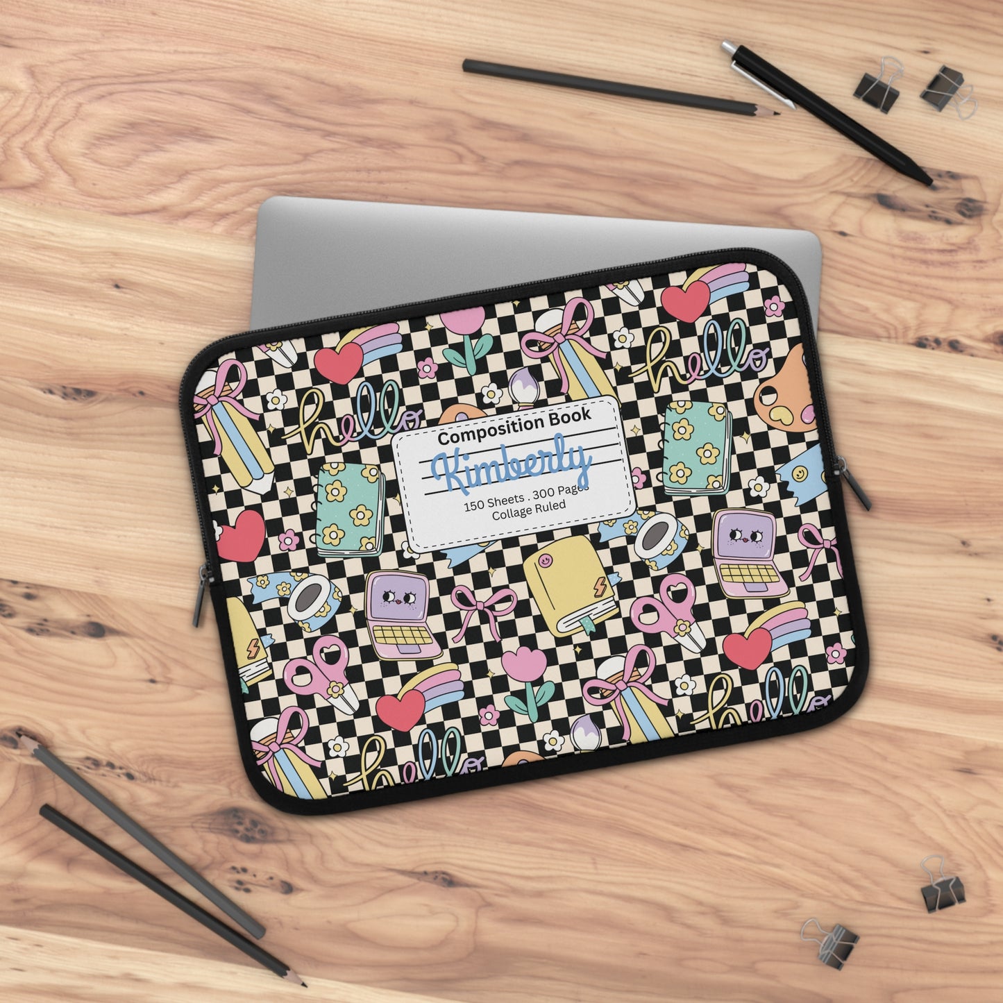 Personalized Black Doodle Daydream Laptop Sleeve with Composition Book Inspired Design, Customizable Tech Case, School Supplies, Gift for Students, College Essentials, Back to School