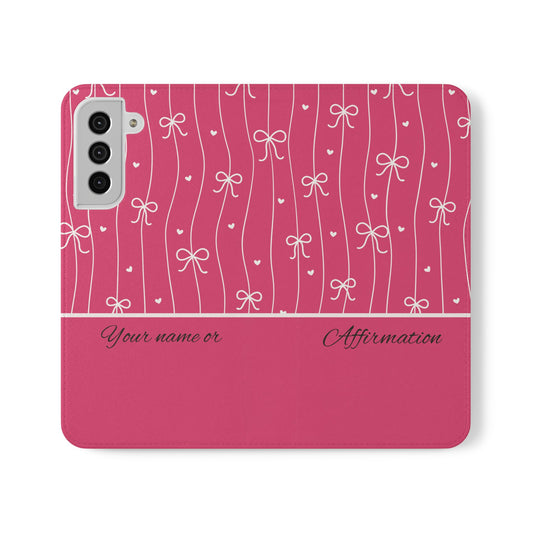 Personalized Pink Bow Coquette Flip iPhone and Samsumg Case — Custom Name or Affirmation Wallet Cover