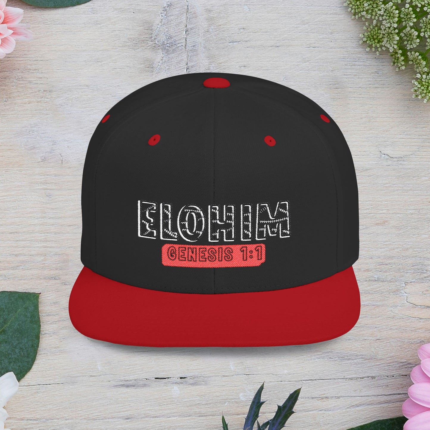 Embroidery 'ELOHIM' & 'GENESIS 1:1' Flat Bill Snapback Hat, Stylish Cap for Everyday Wear, Church Events, Gift for Him/Her, Streetwear Accessory, Casual Fashion