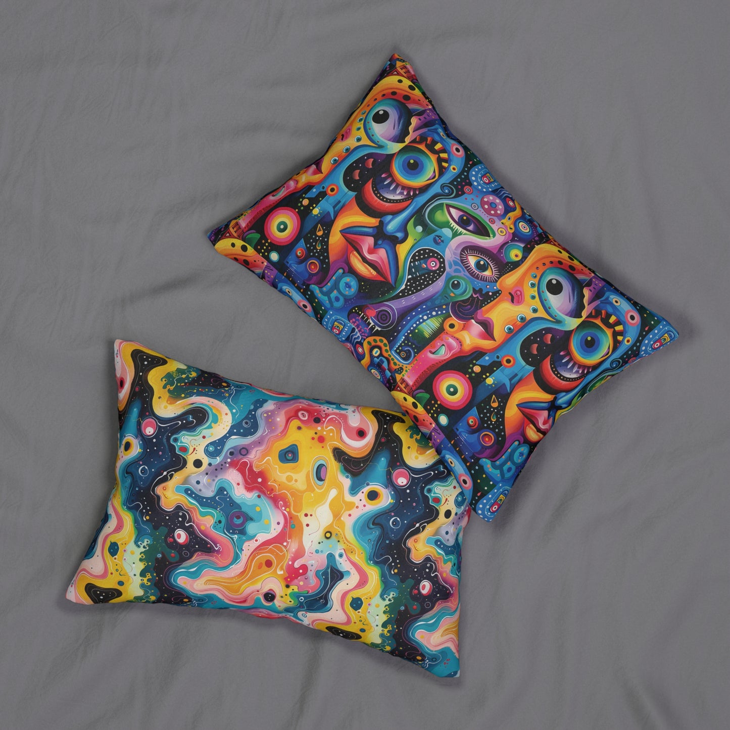 Psychedelic Visions Vibrant Art Lumbar Pillow - Colorful Abstract Design for Cozy Living Spaces.