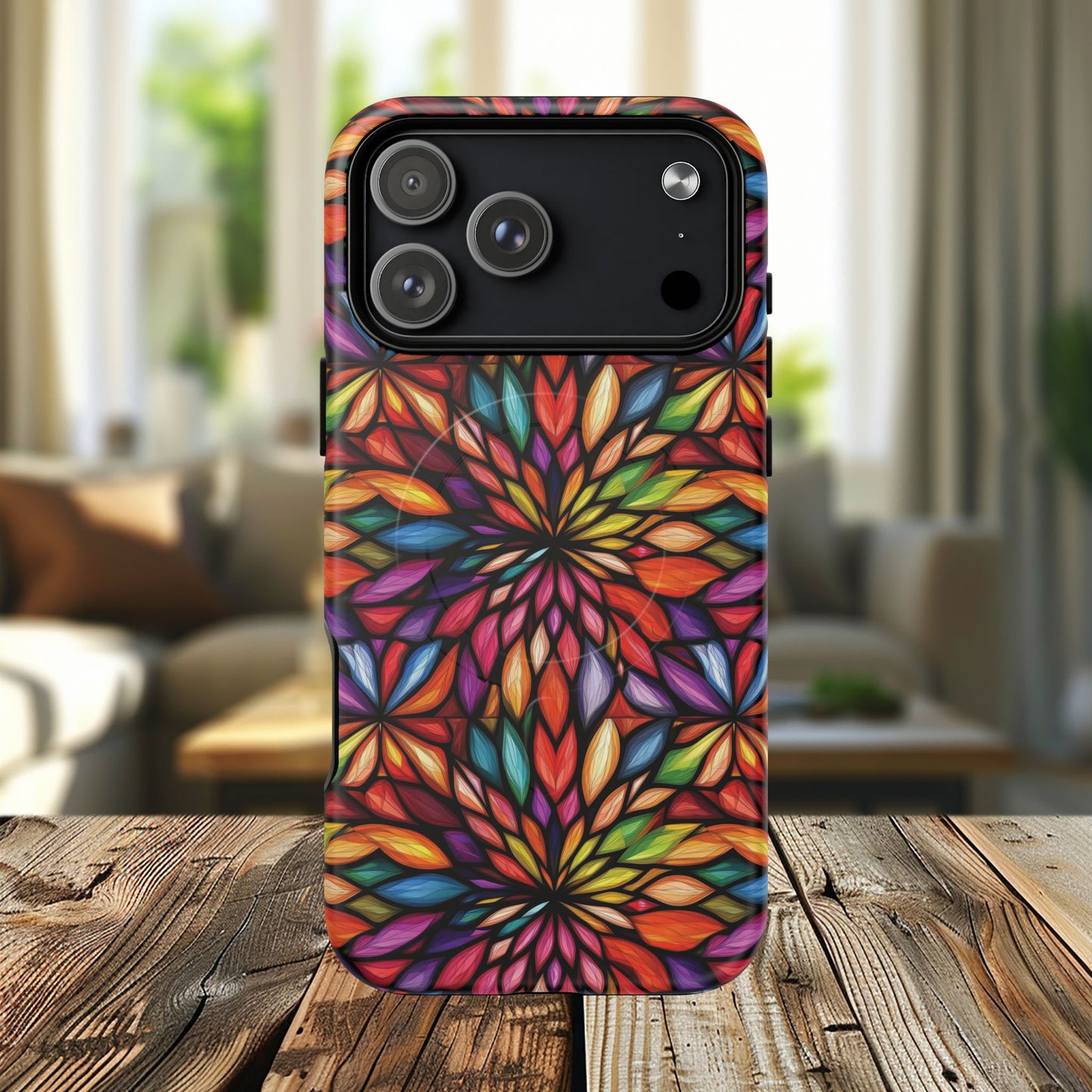 Prism Bloom Tough iPhone Magnetic Case, Stained Glass  MagSafe Cases, iPhone Accessory, Floral Design, Unique Gift, iPhone Protection
