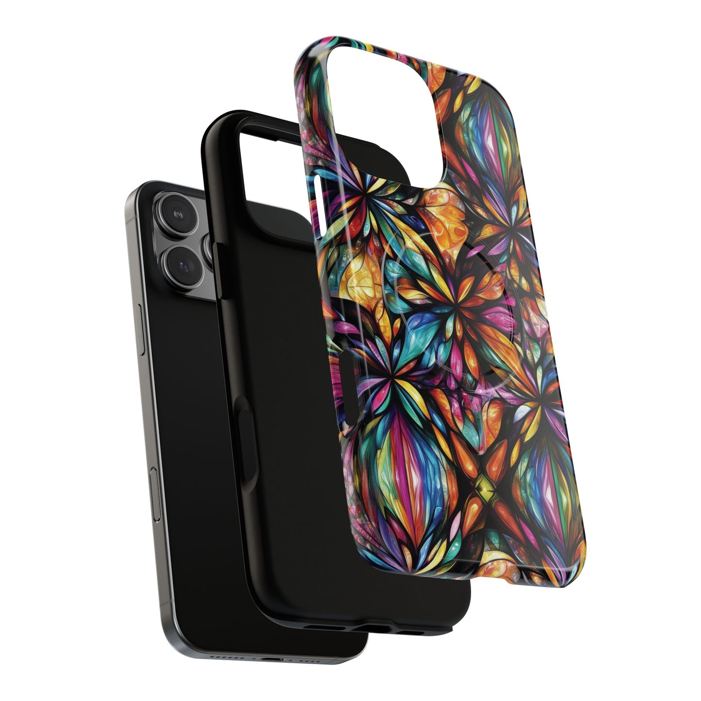 Luminous Whirl Tough Magnetic iPhone Cases, Vibrant Protection, Unique Floral Print, Durable Cover, Gift for Tech Lovers, iPhone Accessory, Stained Glass iPhone Design.