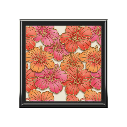 Hibiscus Floral Jewelry Box – Tropical Orange & Pink Keepsake Box