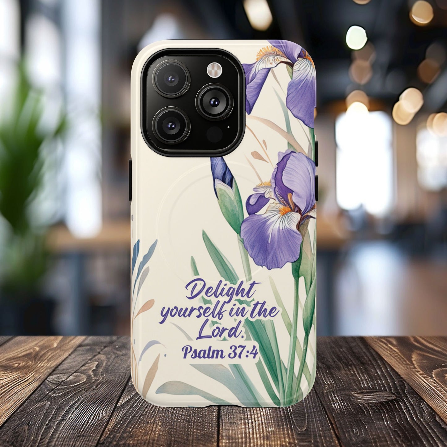 Delight yourself in the Lord Psalm 37:4, Inspirational Gift, iPhone Magnetic Case Scripture, Floral Bible Verse, MagSafe® iPhone® Tough Case, iPhone 14, iPhone 15, iPhone 16, Pro, Pro Max, Plus.