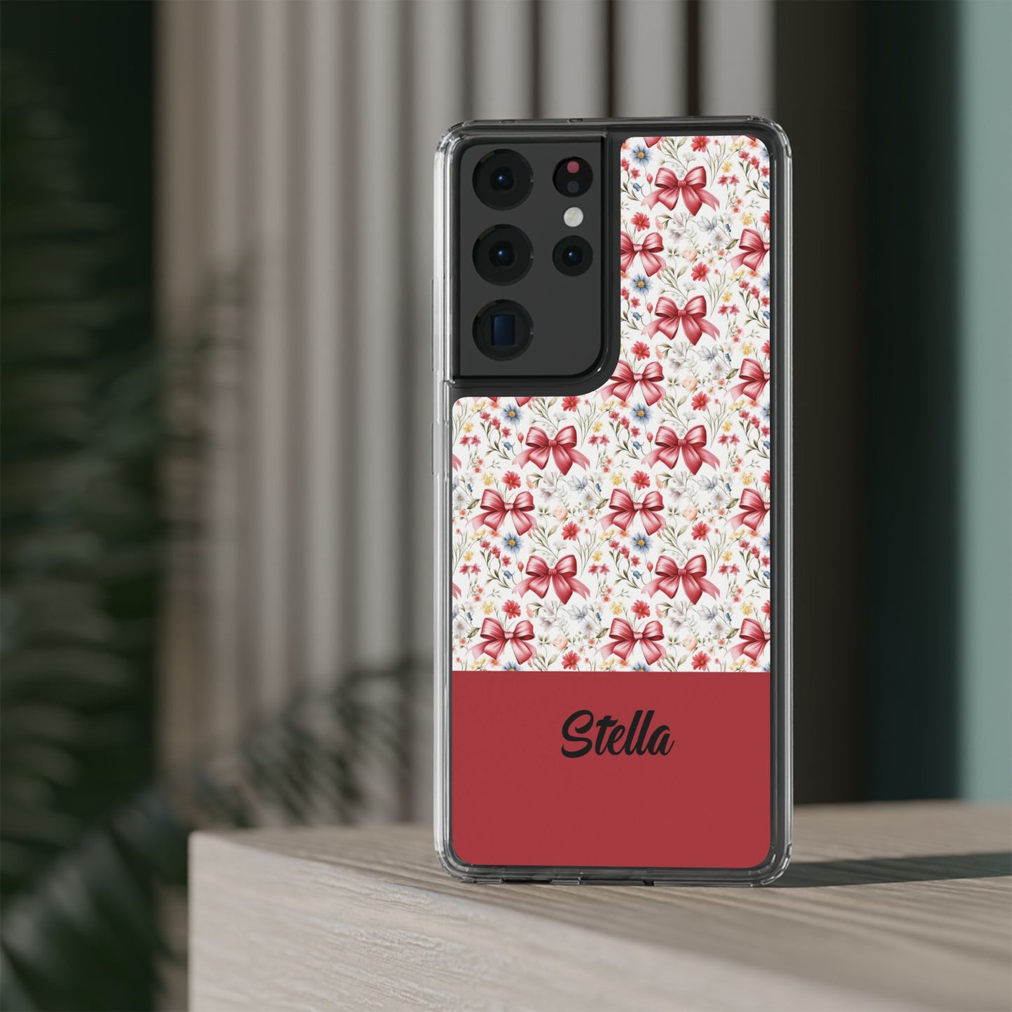 Personalized Rosette Coquette Floral Bow Clear iPhone, Samsung Cases — Custom Name Phone Cover