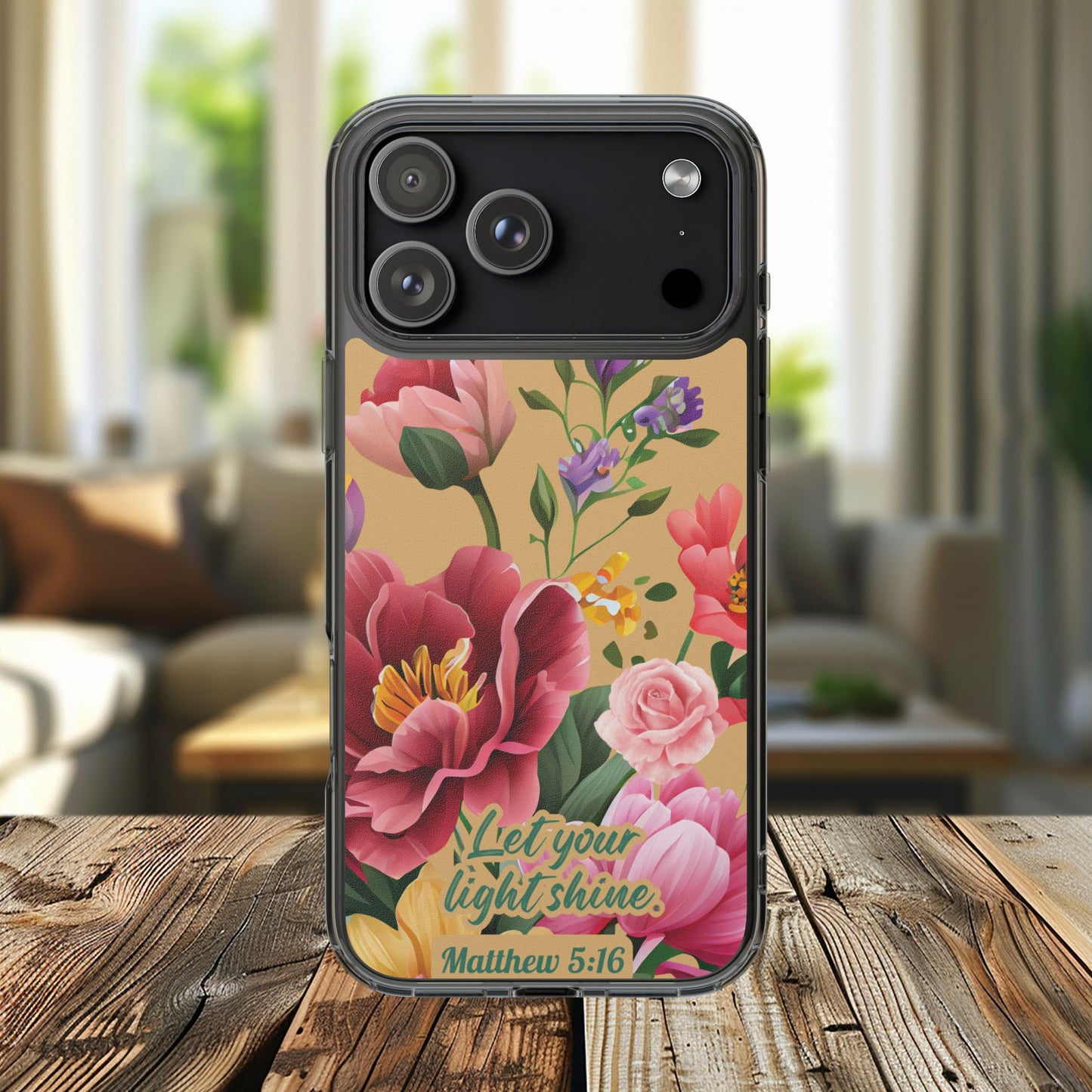 Clear Floral Bible Verse Phone Case — "Let Your Light Shine" (Matthew 5:16) for iPhone and Samsung Cases.