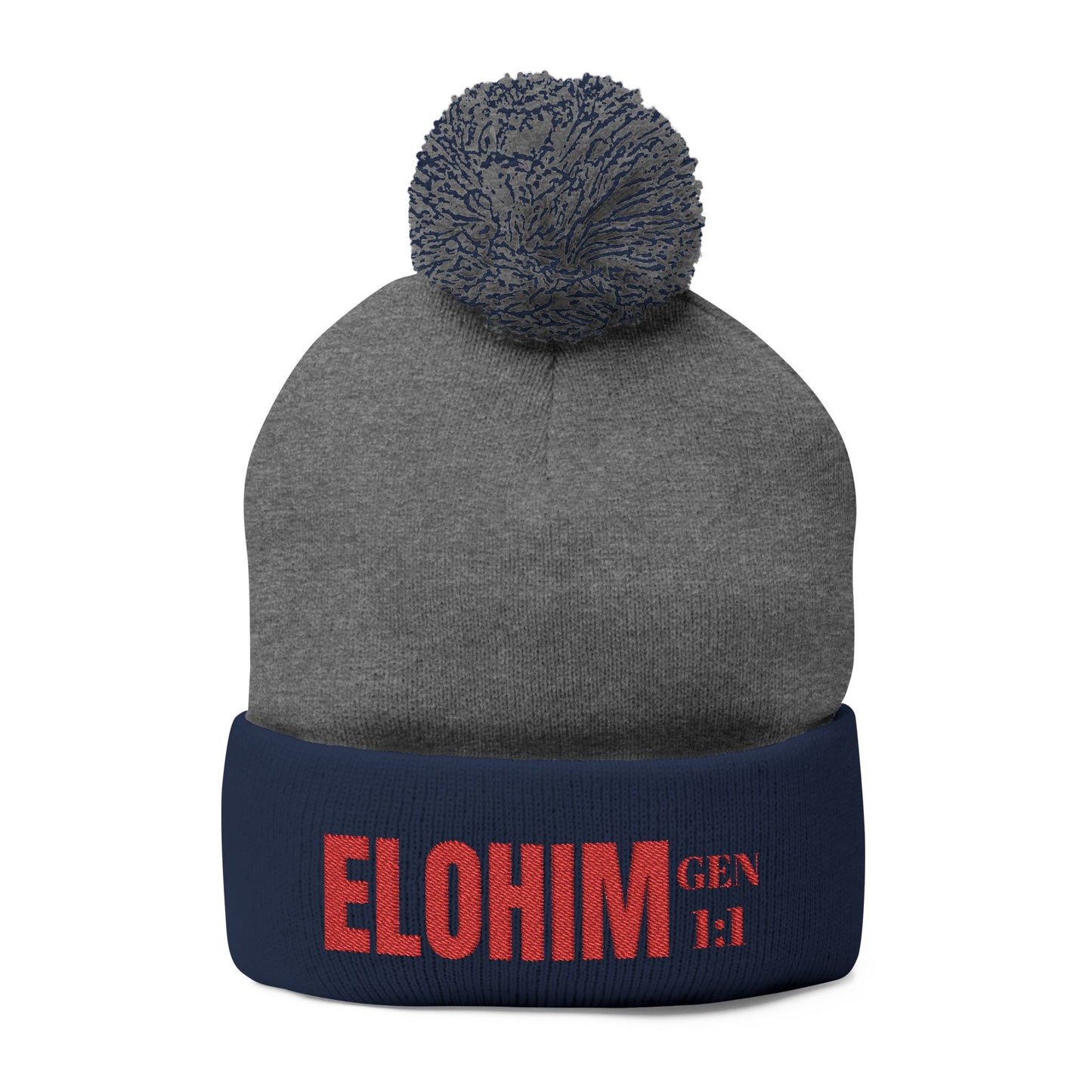 Red Pom-Pom Knit Cap with 'ELOHIM, GENESIS 1:1'  Embroidery Beanie - Stylish Winter Accessory for All Ages, Perfect Gift for Birthdays, Holidays, and Outdoor Activities