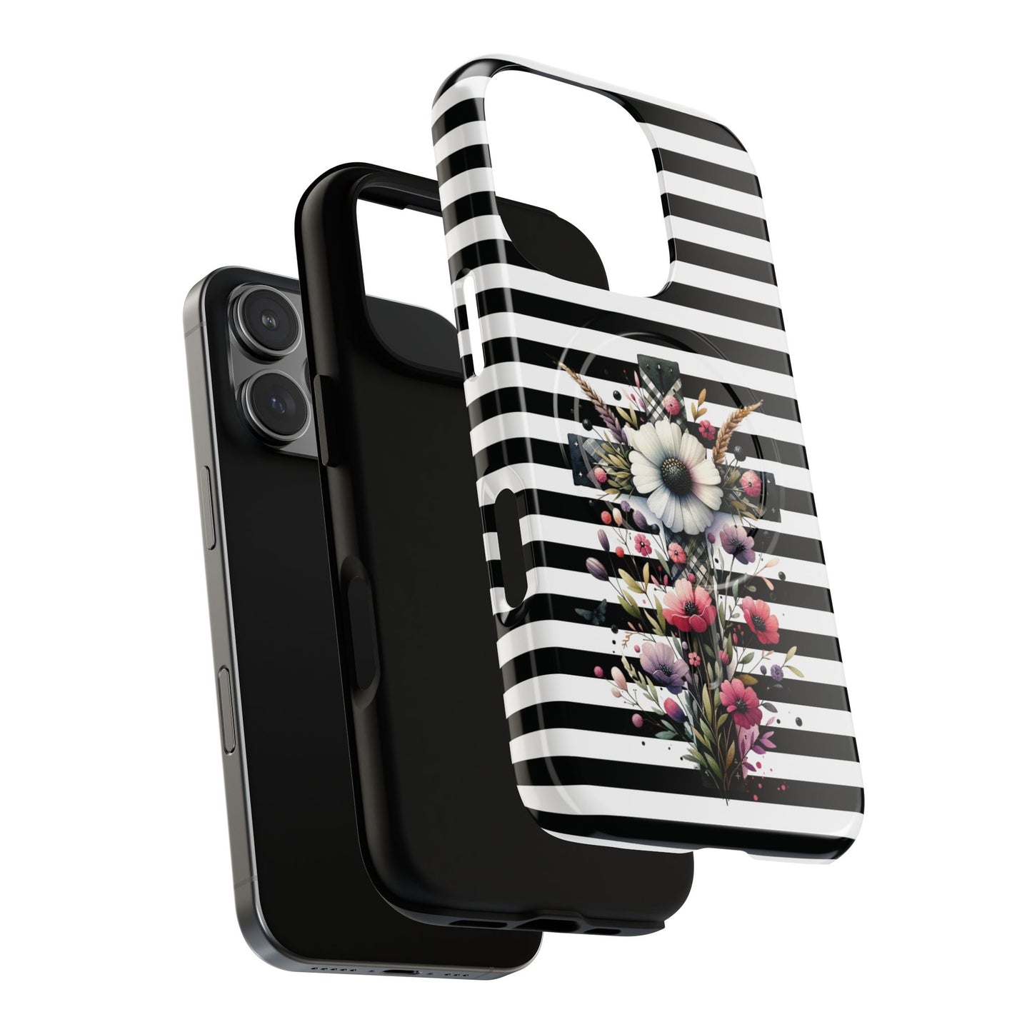 Faith in Bloom Tough iPhone Magnetic Case, iPhone Accessories, Floral iPhone Cover, Durable Cases for Gifts, Black and White Stripes